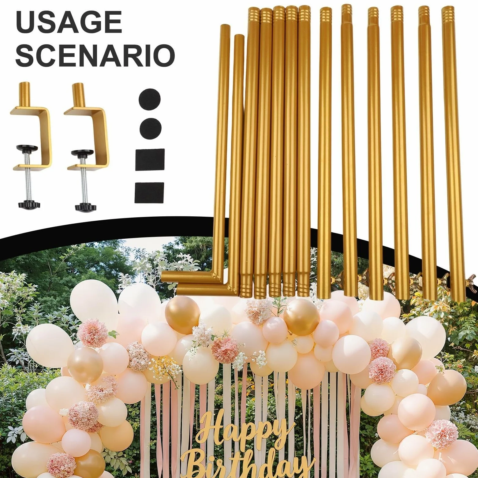 Support d'arche de table en métal de 116 à 254 cm de longueur réglable, tige de suspension de 110 à 140 cm de hauteur avec 10 attaches et sac de transport pour fête prénatale, anniversaire de mariage
