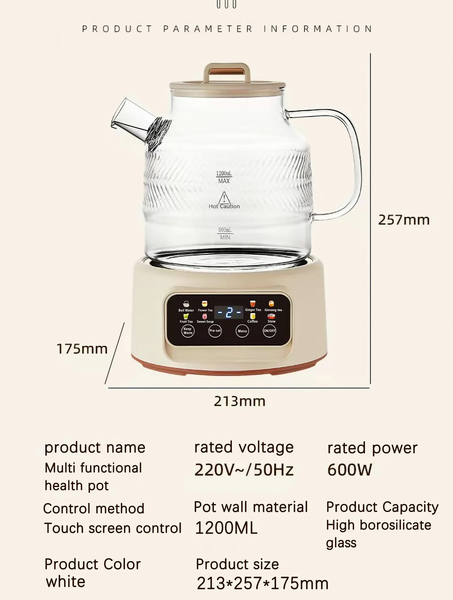 Théière Électrique Multifonction 1200ml, 8 Modes de Préparation, Base Chauffante avec Écran Digital, Carafe en Verre, Blanc