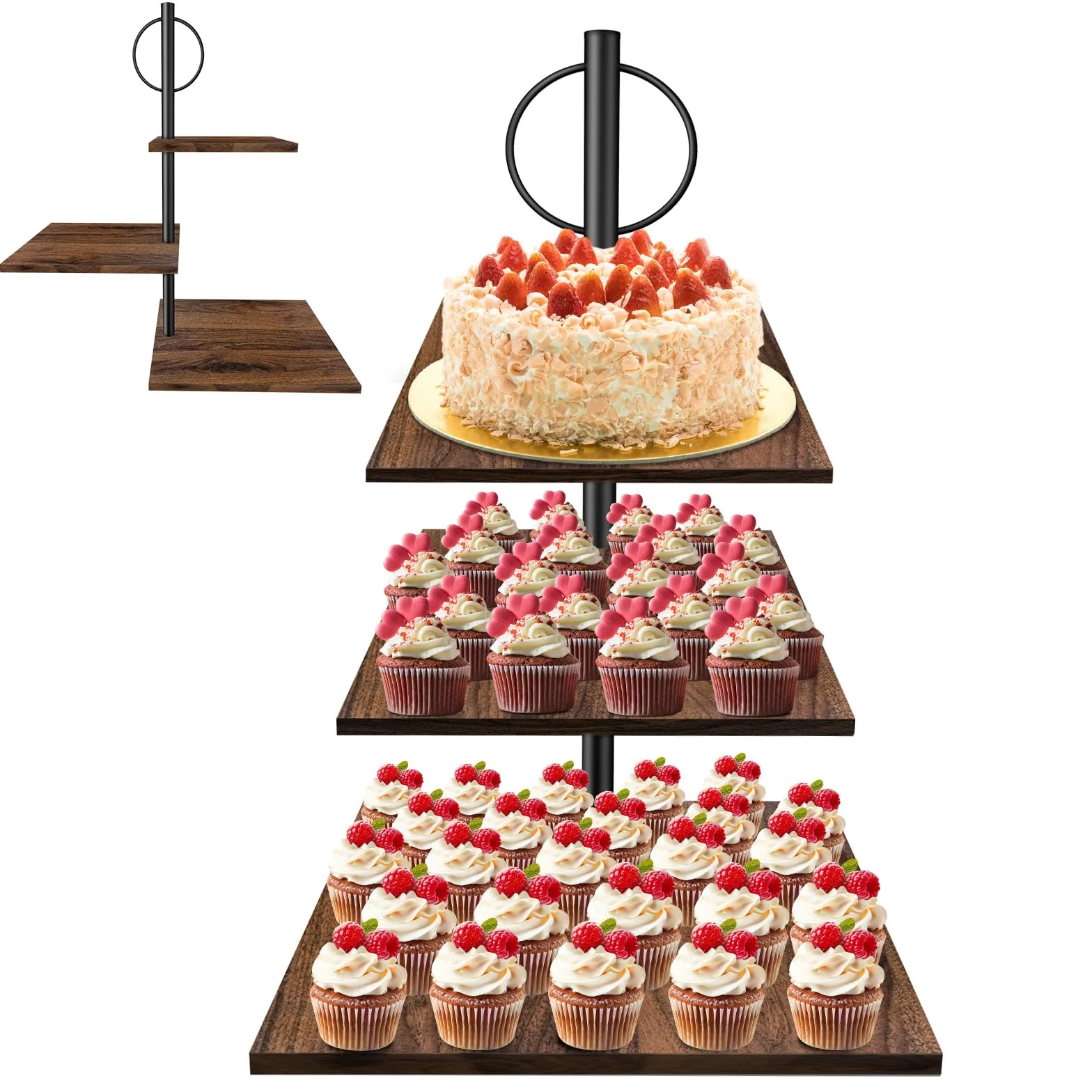 Présentoir à Gâteaux, Présentoir à Cupcakes en Bois Rétro, Multi-usages Support a Gateau en Carréepour Mariage, Anniversaire, Fête d'anniversaire, Buffet Evenement (3 Étages-carrée)