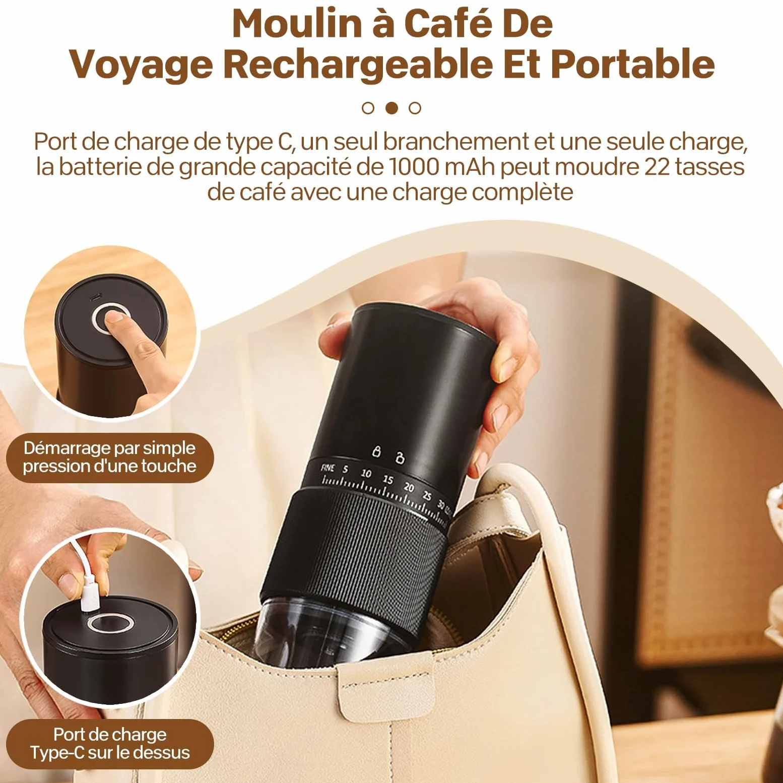 Moulin à Café, Moulin A Cafe Electrique, 30 RéGlages, Moulin à Café Sans Fil Rechargeable Avec Meule Conique En CéRamique Et Brosse De Nettoyage Broyeur Cafe Grain, Pour Le Voyage Et Le Camping