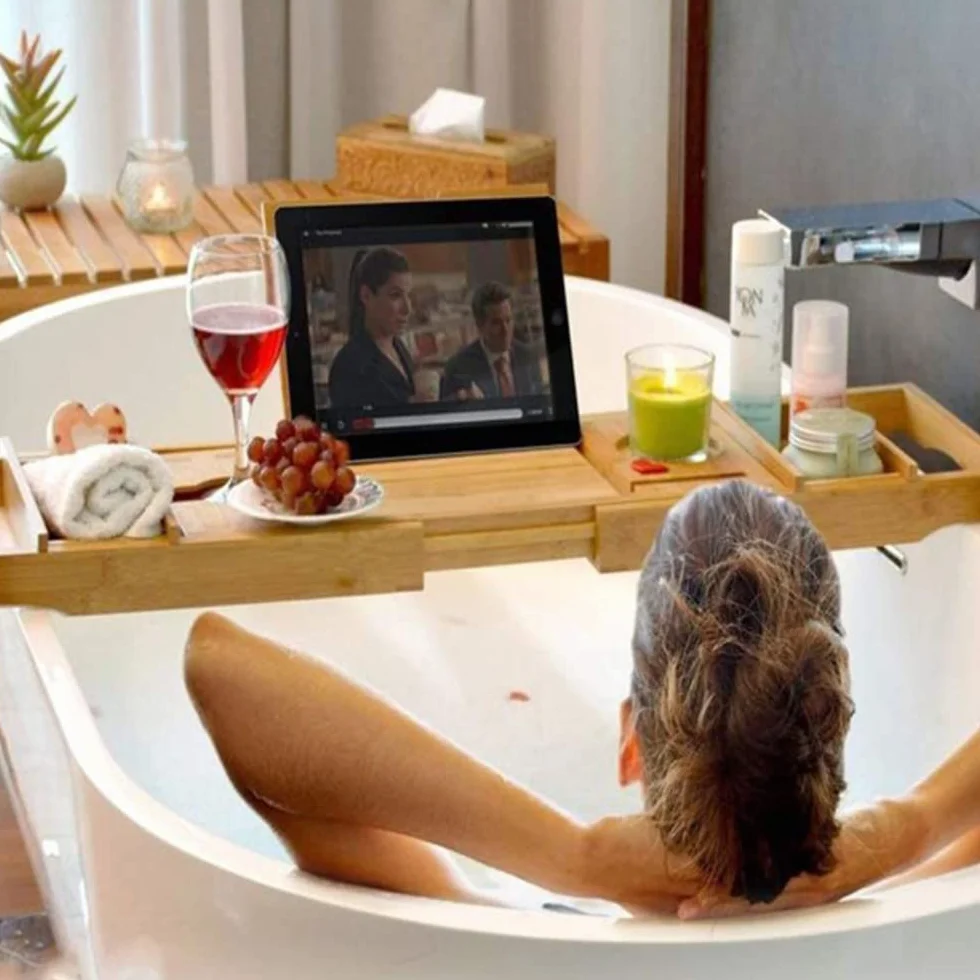 Pont de Baignoire Extensible Bambou,Plateau de Rangement Baignoire Expérience de Spa,2 en 1 Plateau en Bambou Naturel de Baignoire/Lit,avec Support pour Verre à Vin,Livre et Tablette