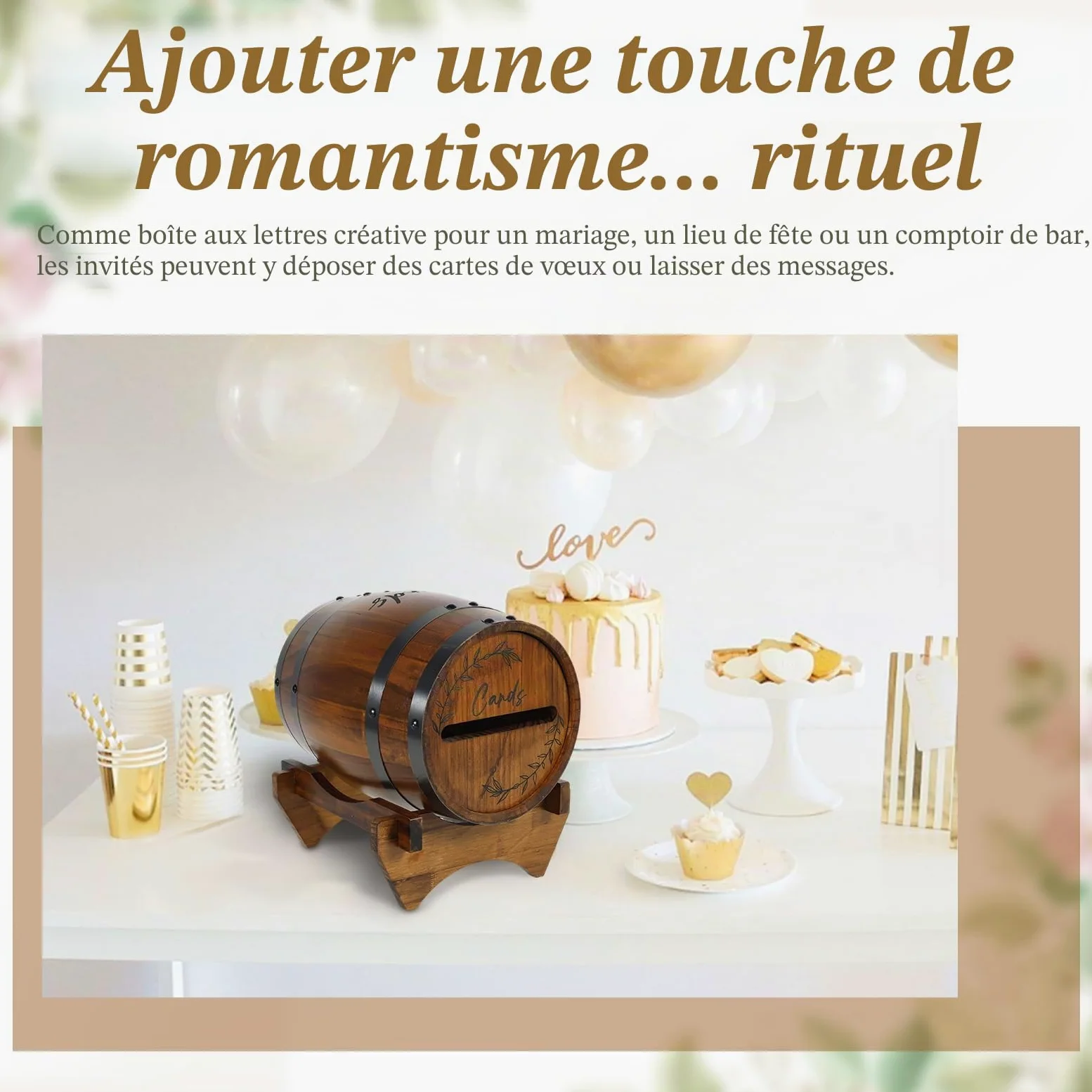 Boîte de rangement en bois pour cartes de mariage en forme de baril de whisky - Housse de rangement pour argent - Housse pour mariage, douche nuptiale, fête d'anniversaire - Décor (brun)