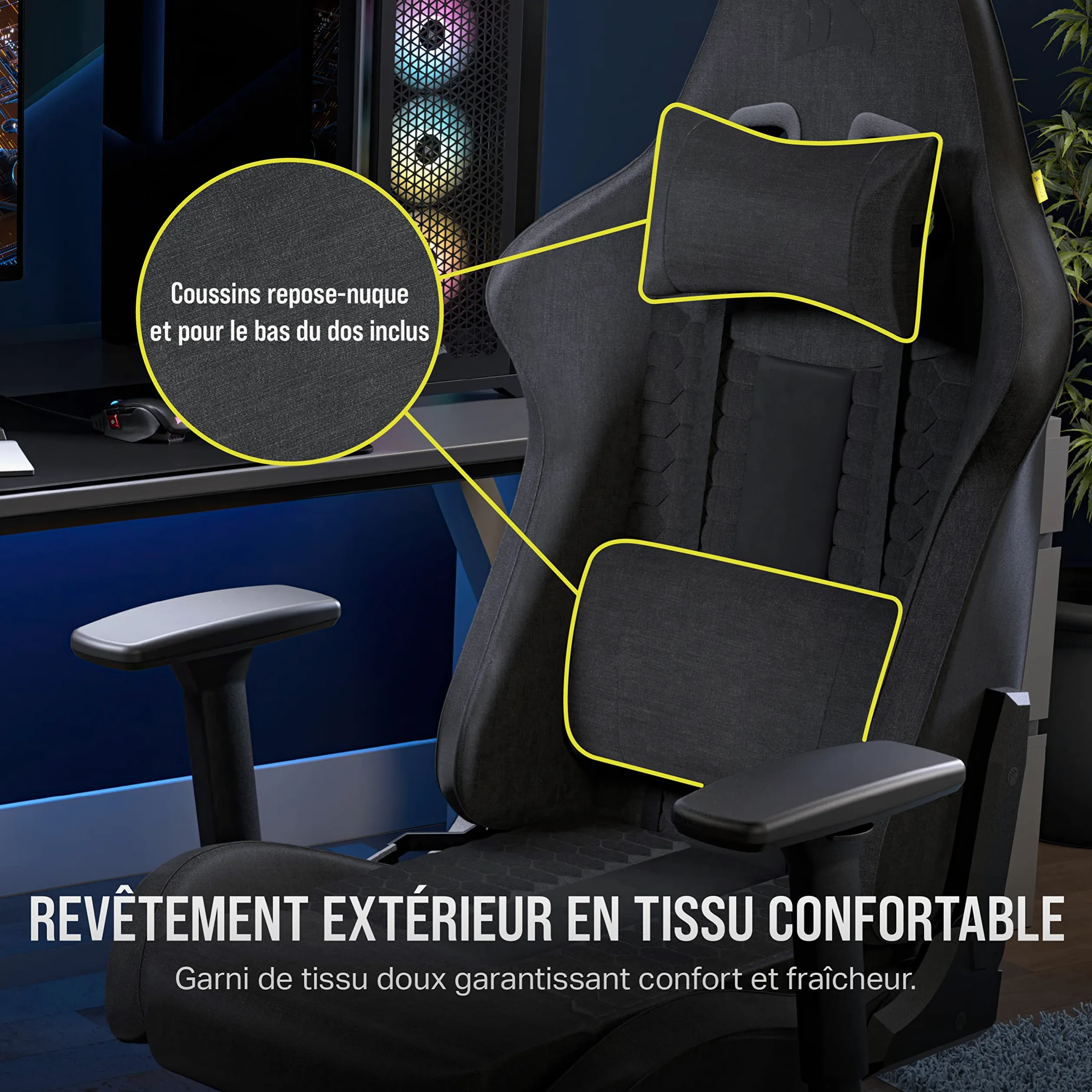 Corsair TC100 Relaxed Fauteuil Gaming – Gris et Noir | Tissu, Design Inspiré des Sports Automobiles, Coussin Lombaire, Coussin Repose-nuque Détachable en Mousse à Mémoire de Forme