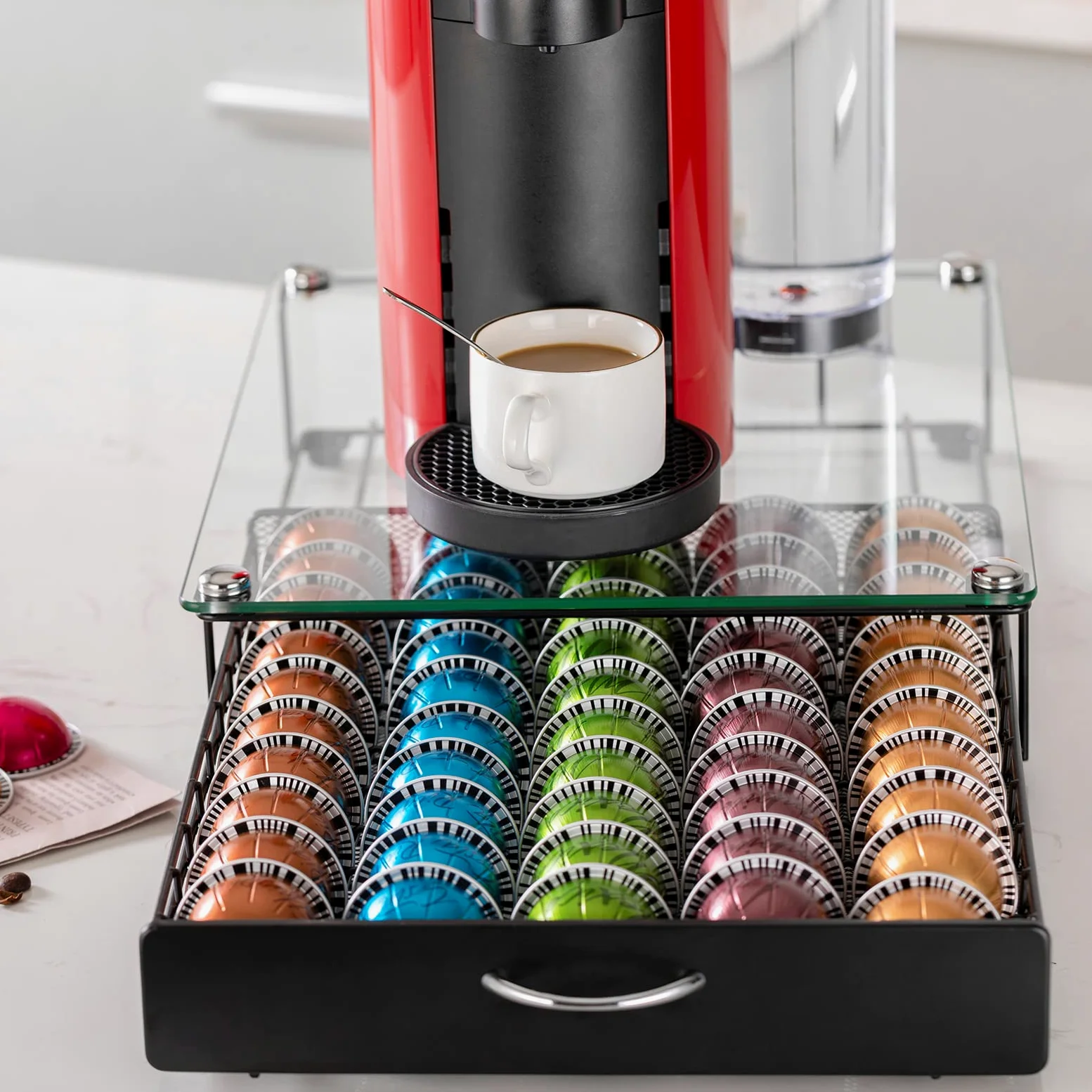 Vertuo Support de capsules de café avec tiroir en verre pour placard Vertuoline pour comptoir Classe 50 dosettes (avec poignée)