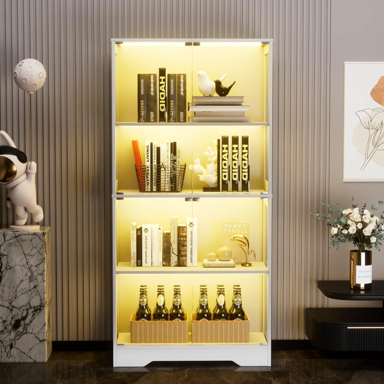 Vitrine en Verre,Vitrine pour Collection avec Lumières LED,Bibliotheque,Buffet Salon,Placard Rangement,Meubles de Rangement,80x35x165cm (Blanc)