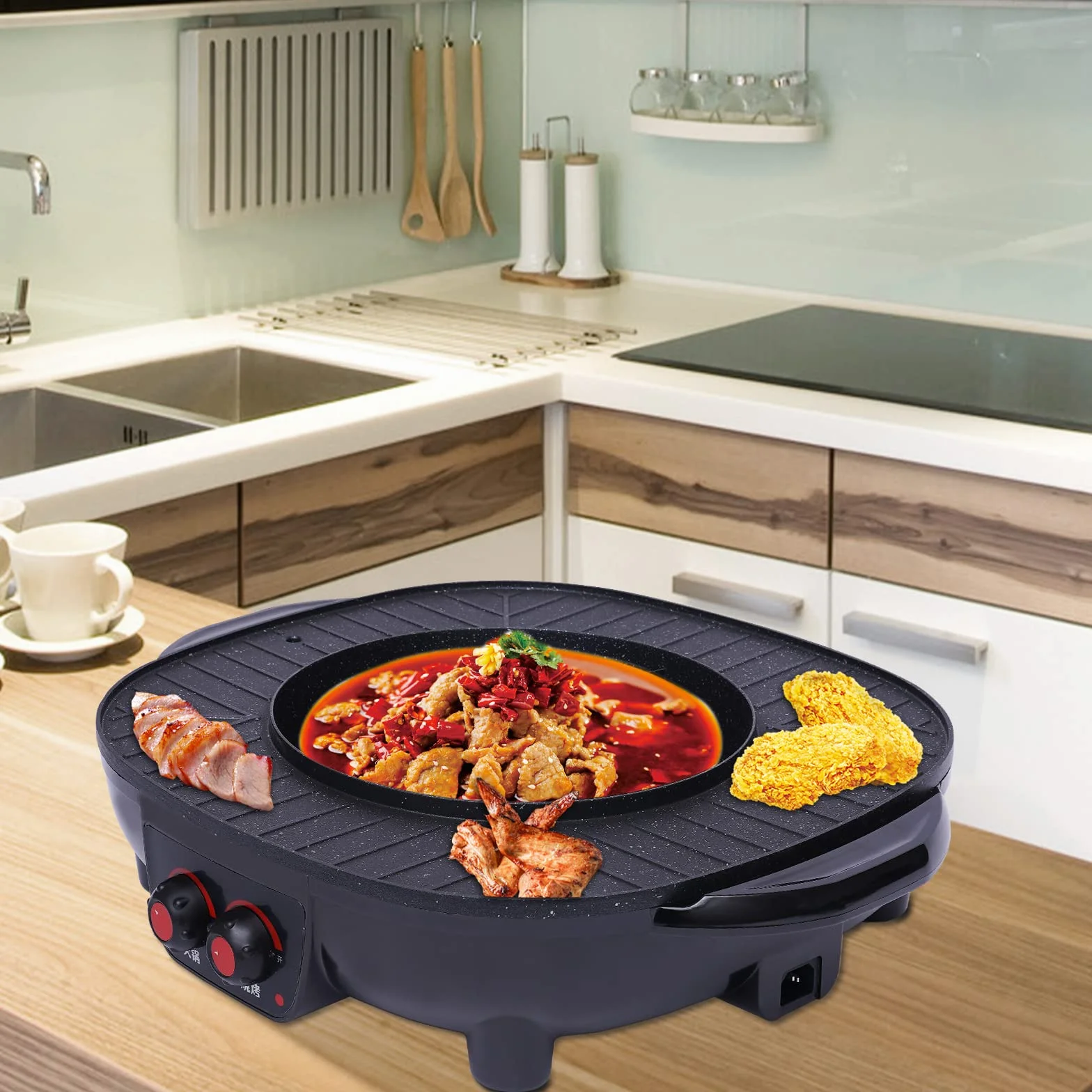 Pot de Fondue Party Food et Gril de Table Électrique Hot Pot et Gril Électrique 2 en 1 - Gril BBQ Coréen Électrique d'Indoor - Barbecue - Fondue - Raclette Pour 5-6 Personnes - 220V - 2000W