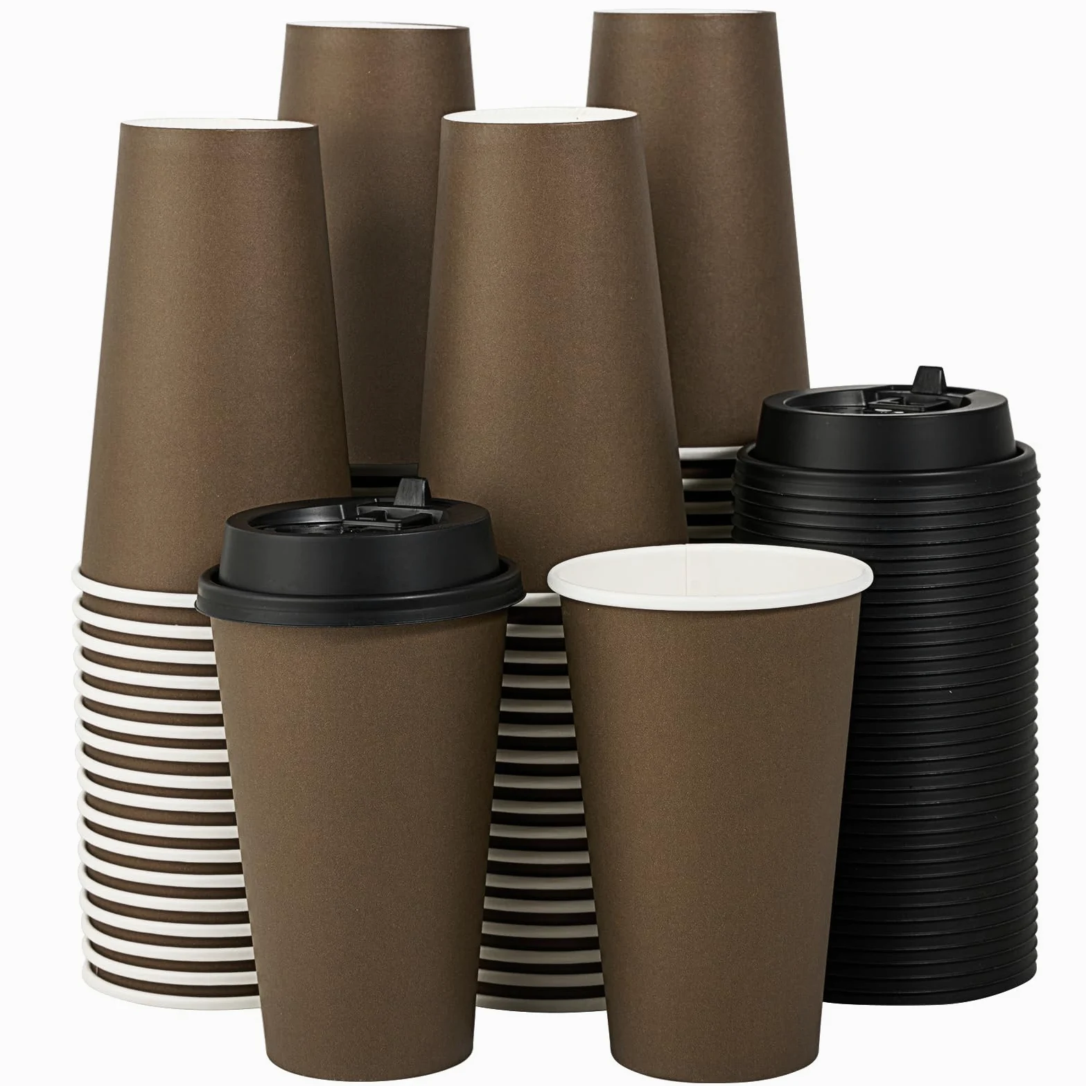 LITOPAK Lot de 100 tasses à café jetables en papier marron de 473,6 g avec couvercles, pour café chaud, eau, jus ou thé, tasses à café en papier chaud pour la maison, le restaurant, le magasin et le