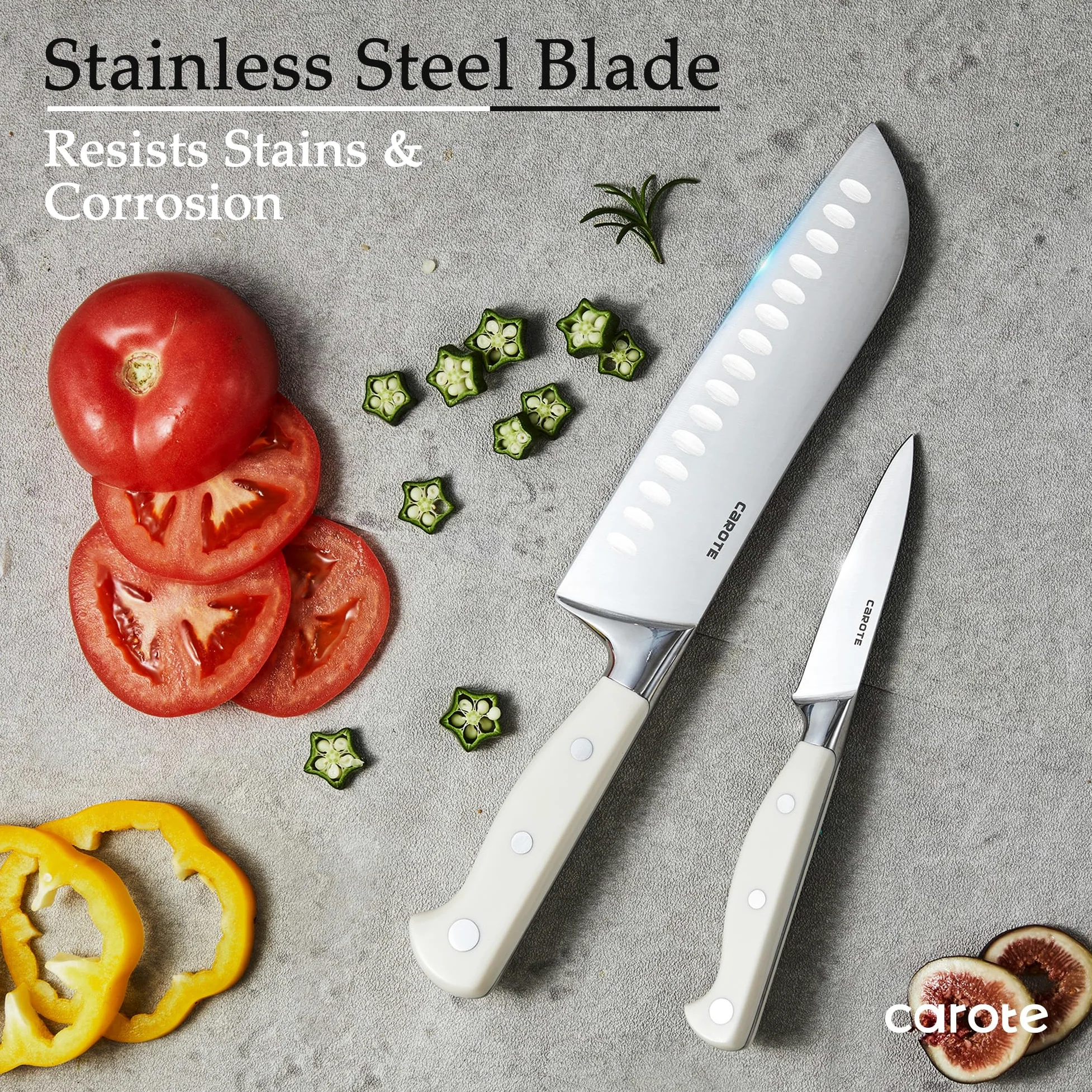 CAROTE 14 Pièces set Couteau Cuisine Professionnels en Acier Inoxydable, avec Bloc Couteaux en Bois, Compris Couteaux à Steak, Couteau de Chef,etc