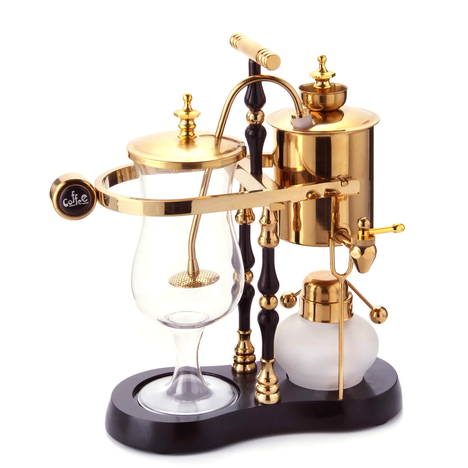 Diguo Machine à café de luxe à siphon d’équilibrage Famille royale belge Fulcrum élégant à double cannelure avec poignée en T (noir égyptien et doré).