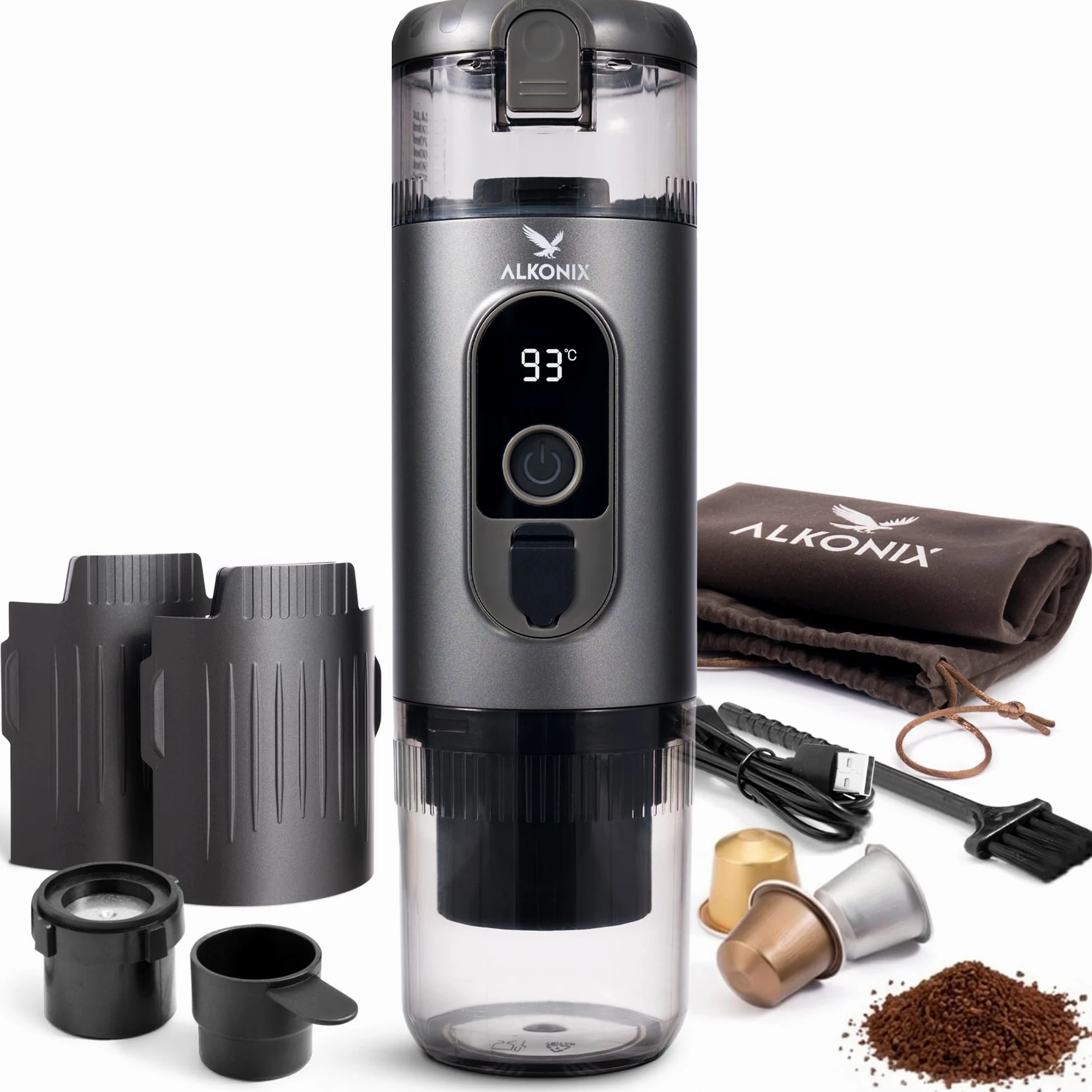 Machine à Café Portable USB-C – Cafetière Nomade Espresso Rechargeable avec 2 Batteries Amovibles – Compatible Capsules Standards & Café Moulu – Chauffe Intégrée (Gris)