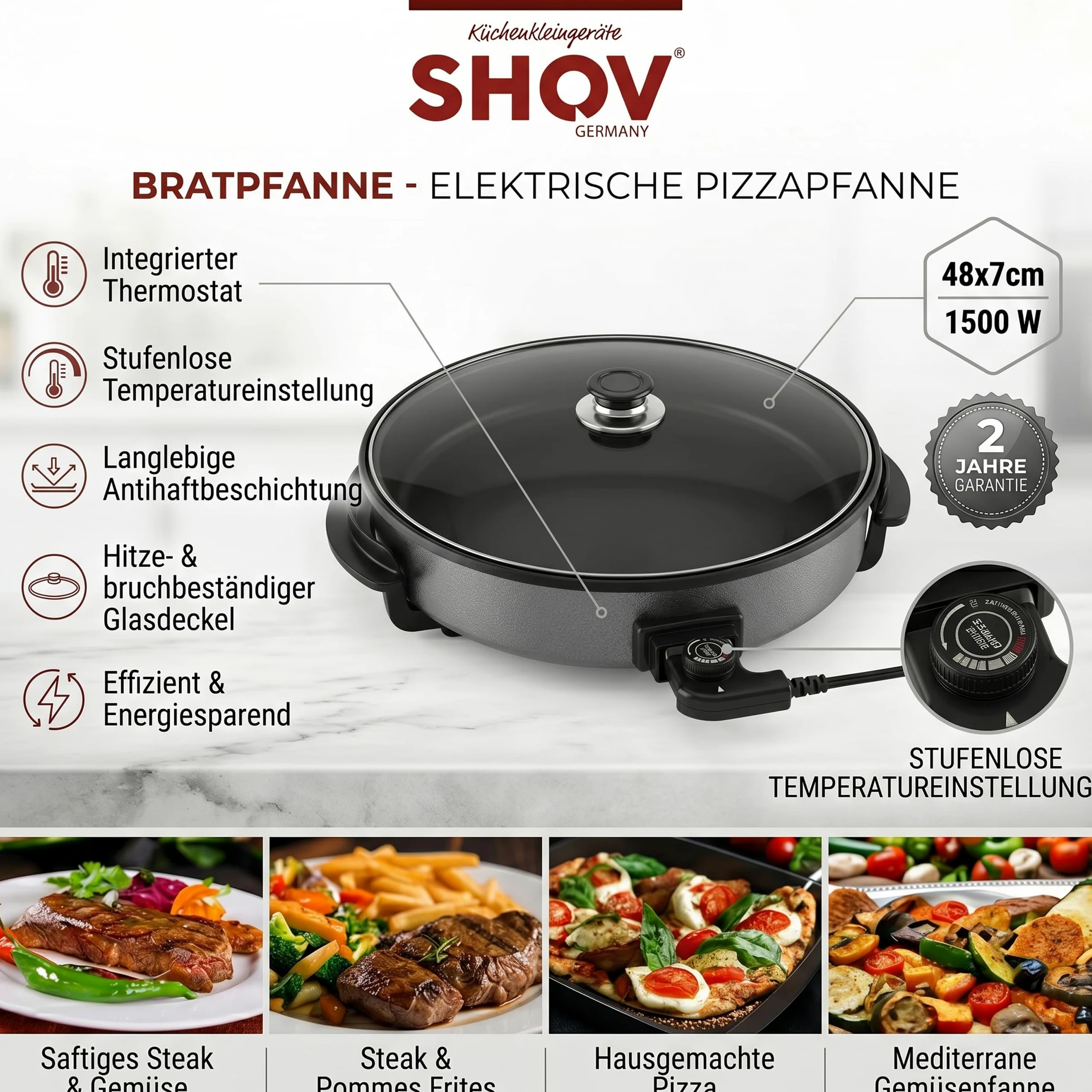 Shov Poêle à pizza électrique et cocotte multifonction, taille XL, 48 cm de diamètre, 7 cm de profondeur, avec revêtement antiadhésif et couvercle en verre, 1500 W, thermostat réglable pour pizza