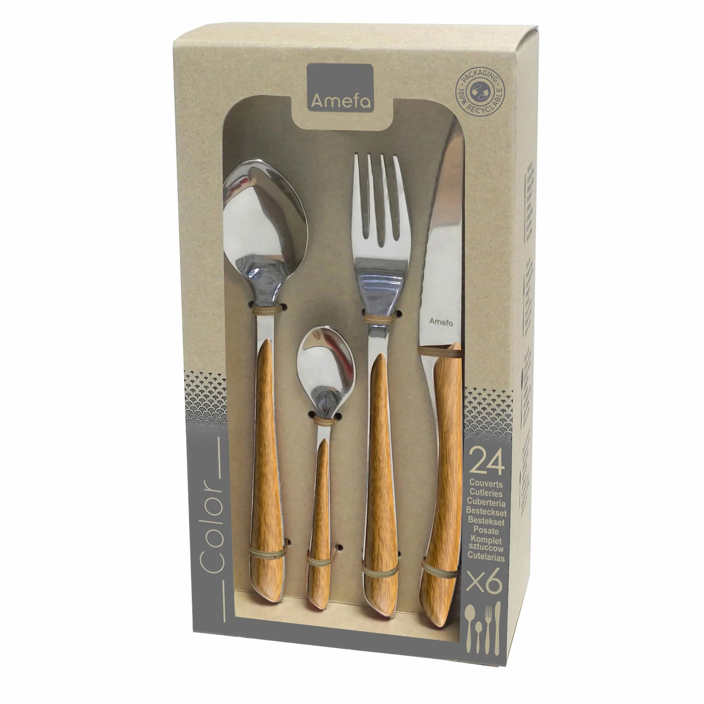 AMEFA - Ménagère 24 couverts de table pour 6 personnes - Eclat Nature - Acier inoxydable 18/0, Finition Brillante - Bois Clair