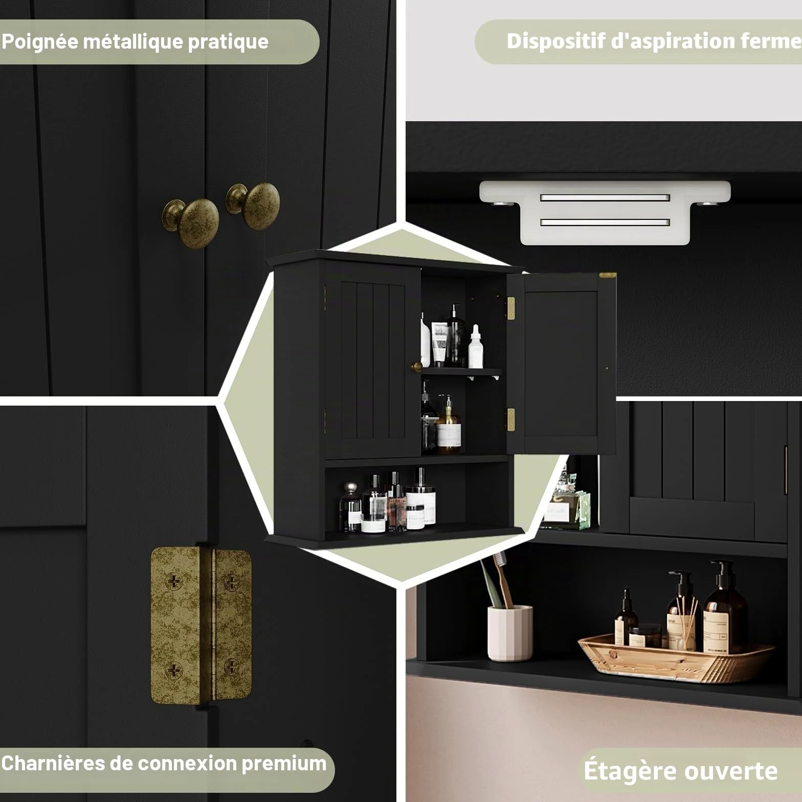 Smuxee Armoire de Toilette Murale Noire pour Petit Espace - Meuble Salle de Bain Suspendu avec 2 Portes et Étagères Réglables - Range-Toilette Étanche pour WC, Buanderie et Cuisine