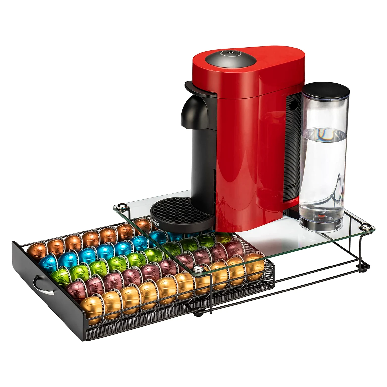 Vertuo Support de capsules de café avec tiroir en verre pour placard Vertuoline pour comptoir Classe 50 dosettes (avec poignée)