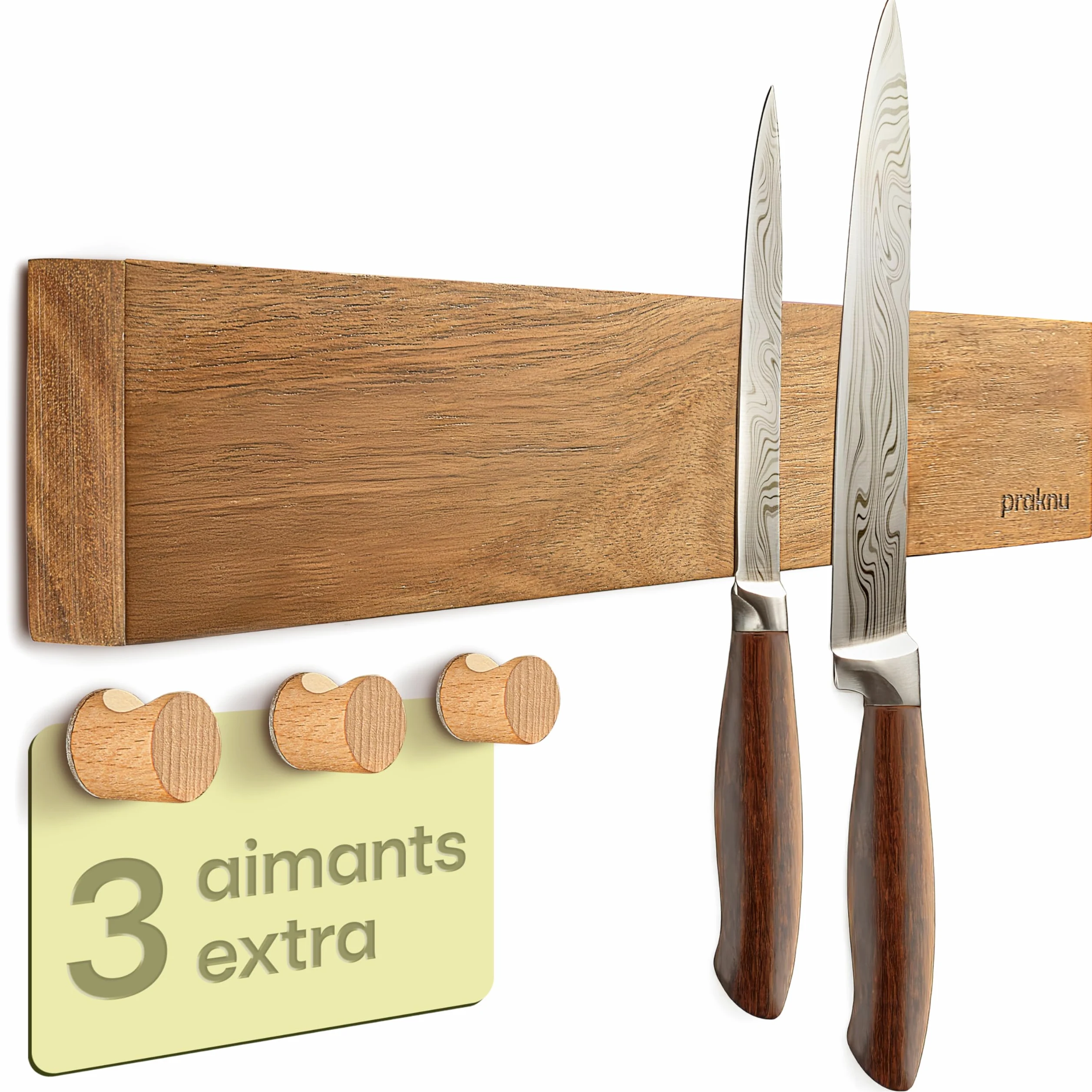 Praknu Porte Couteaux Aimanté Autocollante - 40 cm en Bois d’Acacia – Avec 3 Crochets Magnétiques - Barre Murale pour Jusqu’à 8 Couteaux Lourds