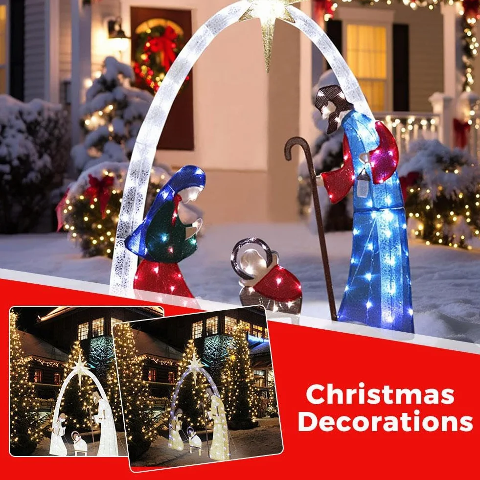 Crèche de Noël Lumineuse d'Extérieur 1,5 m, Décoration pour Cour Familiale, Ensemble Sainte Famille avec Piquets pour Pelouse