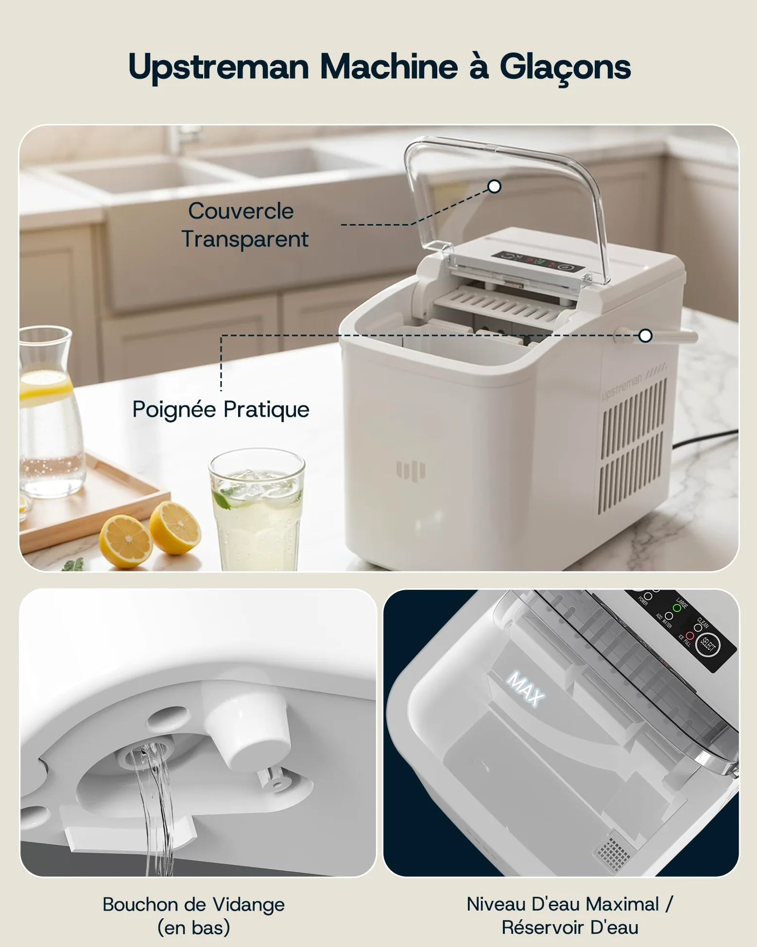 Upstreman Machine à Glaçons,9 Glacons en 6-8 Min,12kg/24h,2 Tailles de Glaçons,1,5L,Autonettoyante,Machine a Glace Portable pour Maison,Cuisine,Camping,Blanc,BI12