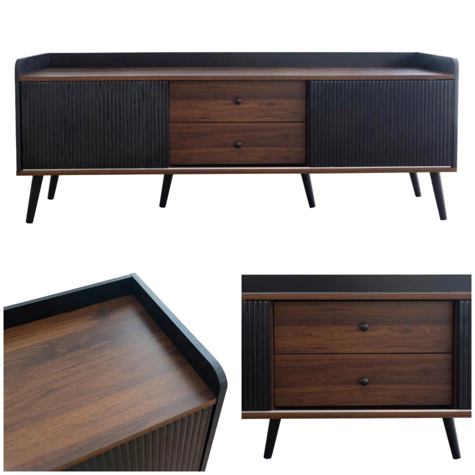 KOMHTOM Armoire TV en bloc de couleur noir/blanc et bois, buffet avec 2 tiroirs et 2 compartiments de rangement spacieux, armoire polyvalente pour salon, chambre à coucher et salle à manger (noir)