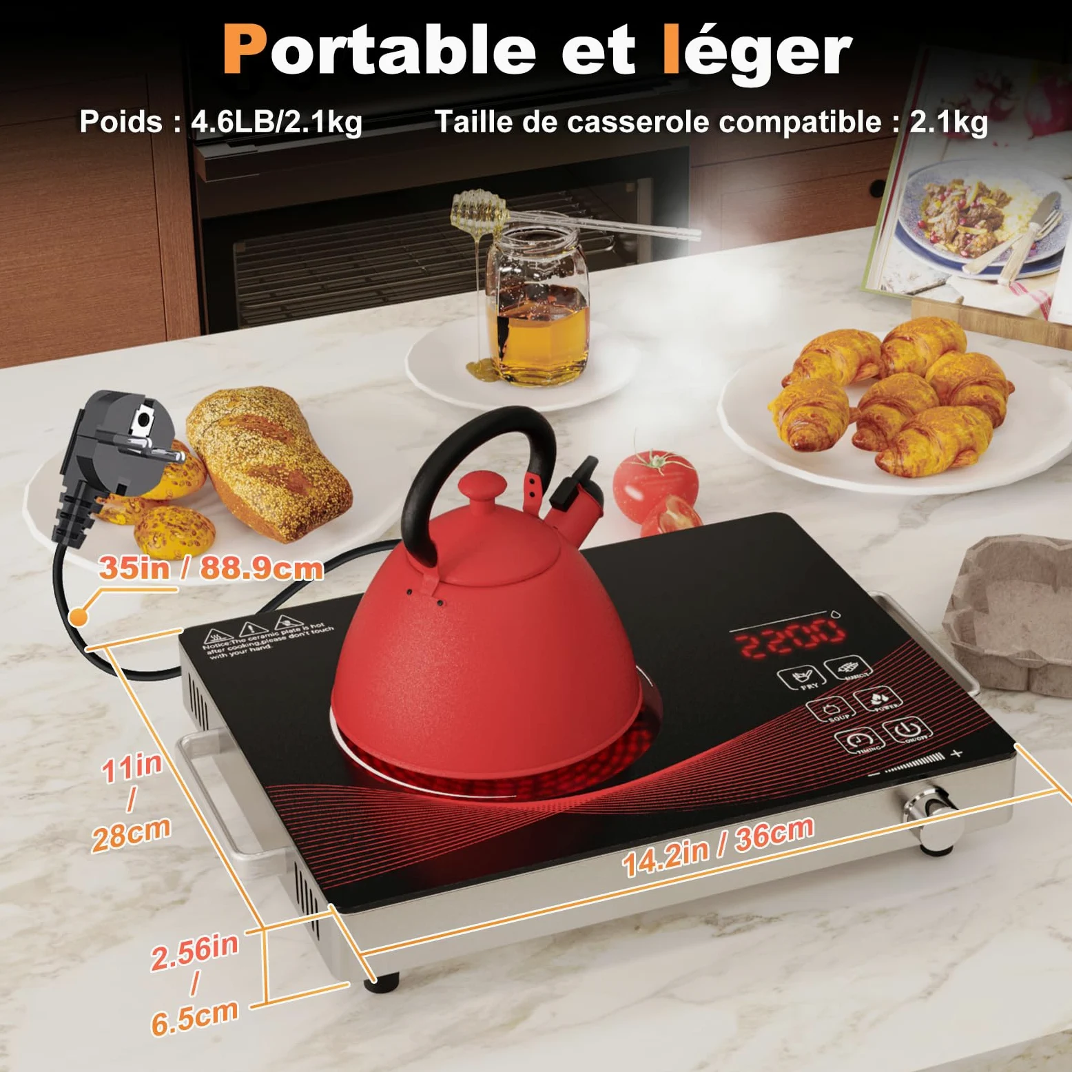 Plaque Vitrocéramique 1 Feu 2200W, Portable Plaque Électrique avec Minuterie, Verrouillage de Sécurité, Commande Bouton, Cuisson Sans Flamme, Surface en Verre Noir