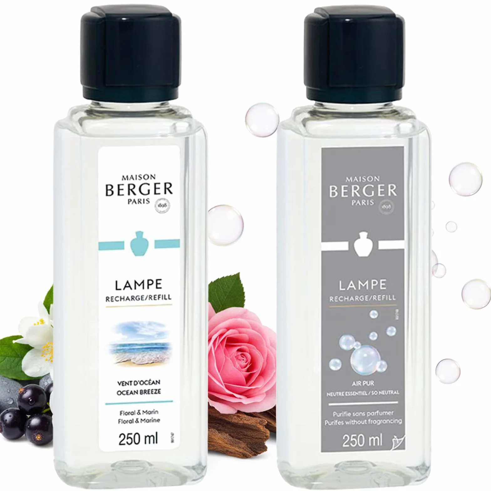Maison Berger – Coffret Lampe Berger Essentielle Carrée avec 2 Recharges 250 ml Incluses – Air Pur & Vent d’Océan – Lampe à Catalyse - Purifier et Parfumer l’Air – Diffusion Fine et Homogène