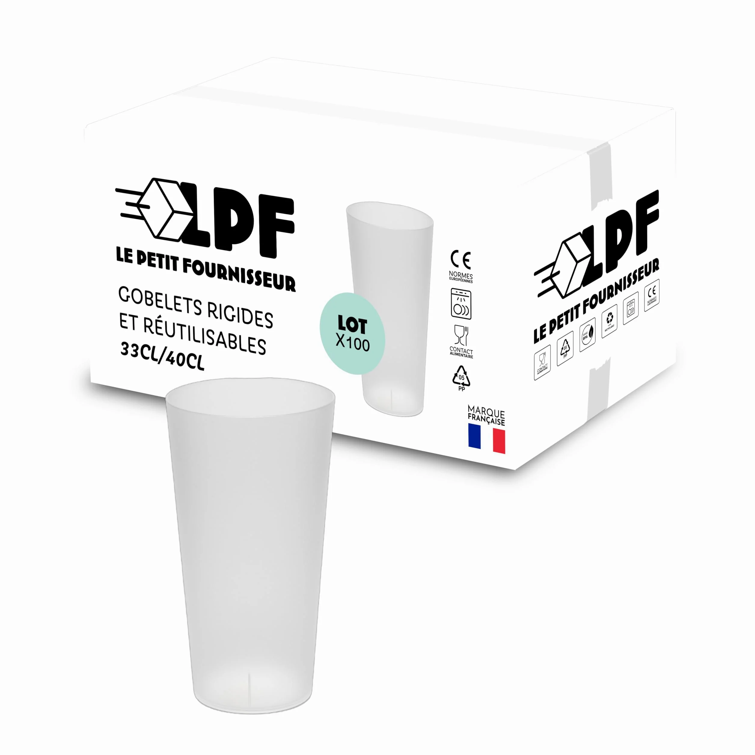 LPF LE PETIT FOURNISSEUR - Lot de 100 Gobelets réutilisables 33cl (40cl à ras-bord) - Polypropylène Incassable - Gobelets plastique alimentaire rigide à eau - Compatible lave-vaisselle - Couleur Givré