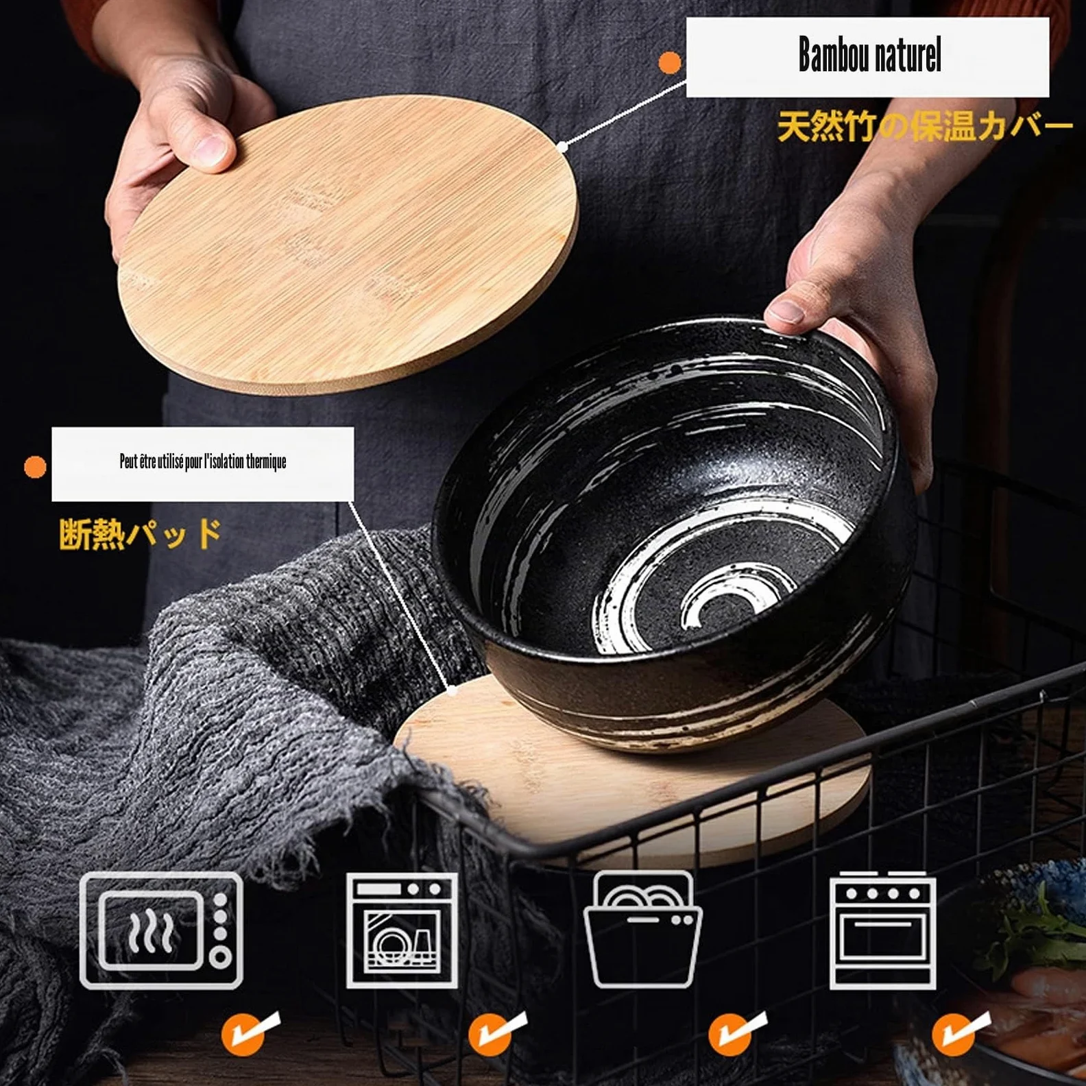 Bol japonais avec couvercle, bol de ramen en céramique, lot de 2 bols de ramen en céramique vintage bol de riz dessiné à la main bol de nouilles instantanées,A5