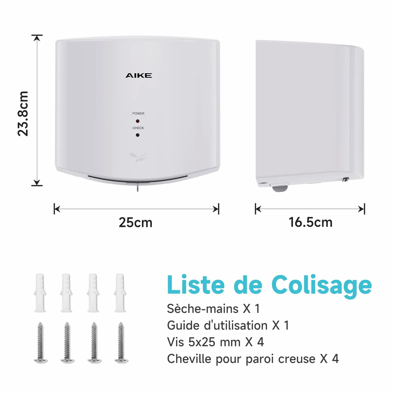 AIKE Air Wiper Sèche-Mains Compact, Séchage Rapide, 1400W 220V, Branchez & Utilisez, sans Papier & sans Contact pour Sanitaires Publics, AK2630S (Blanc)