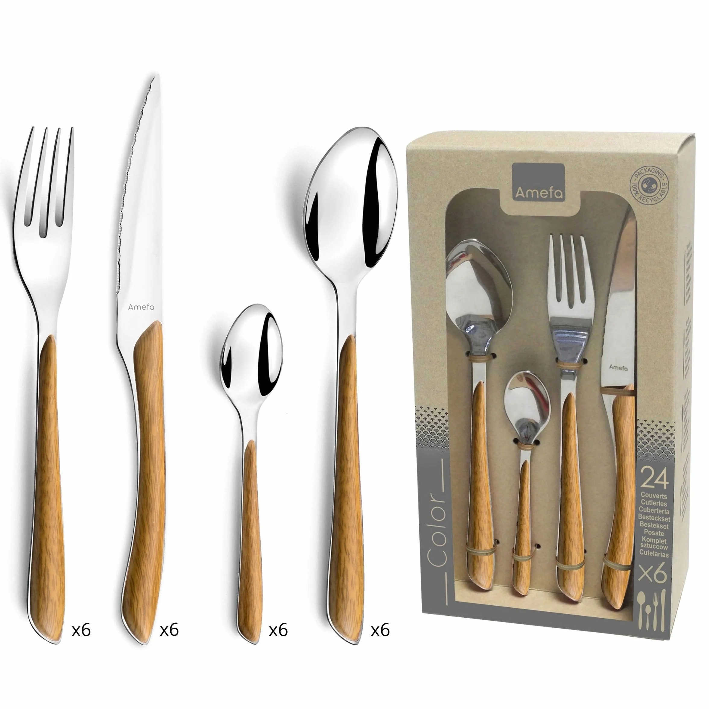AMEFA - Ménagère 24 couverts de table pour 6 personnes - Eclat Nature - Acier inoxydable 18/0, Finition Brillante - Bois Clair