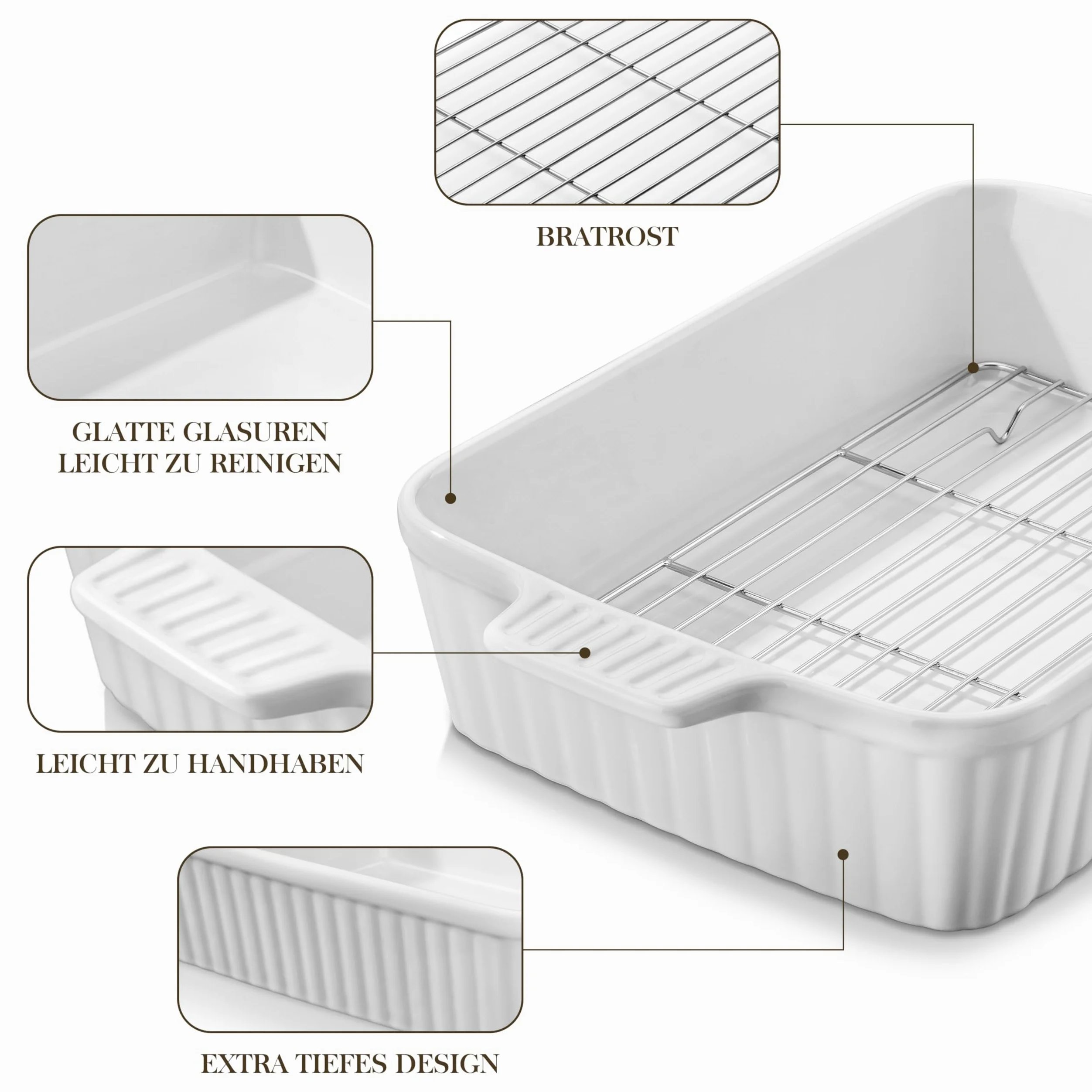 MALACASA Série BAKE, Plat à Four Rectangulaire en Porcelaine avec Grille 4200ml, Grand Plat de Cuisson avec Poignées pour Gratins et Casseroles, Compatible Lave-vaisselle, Blanc
