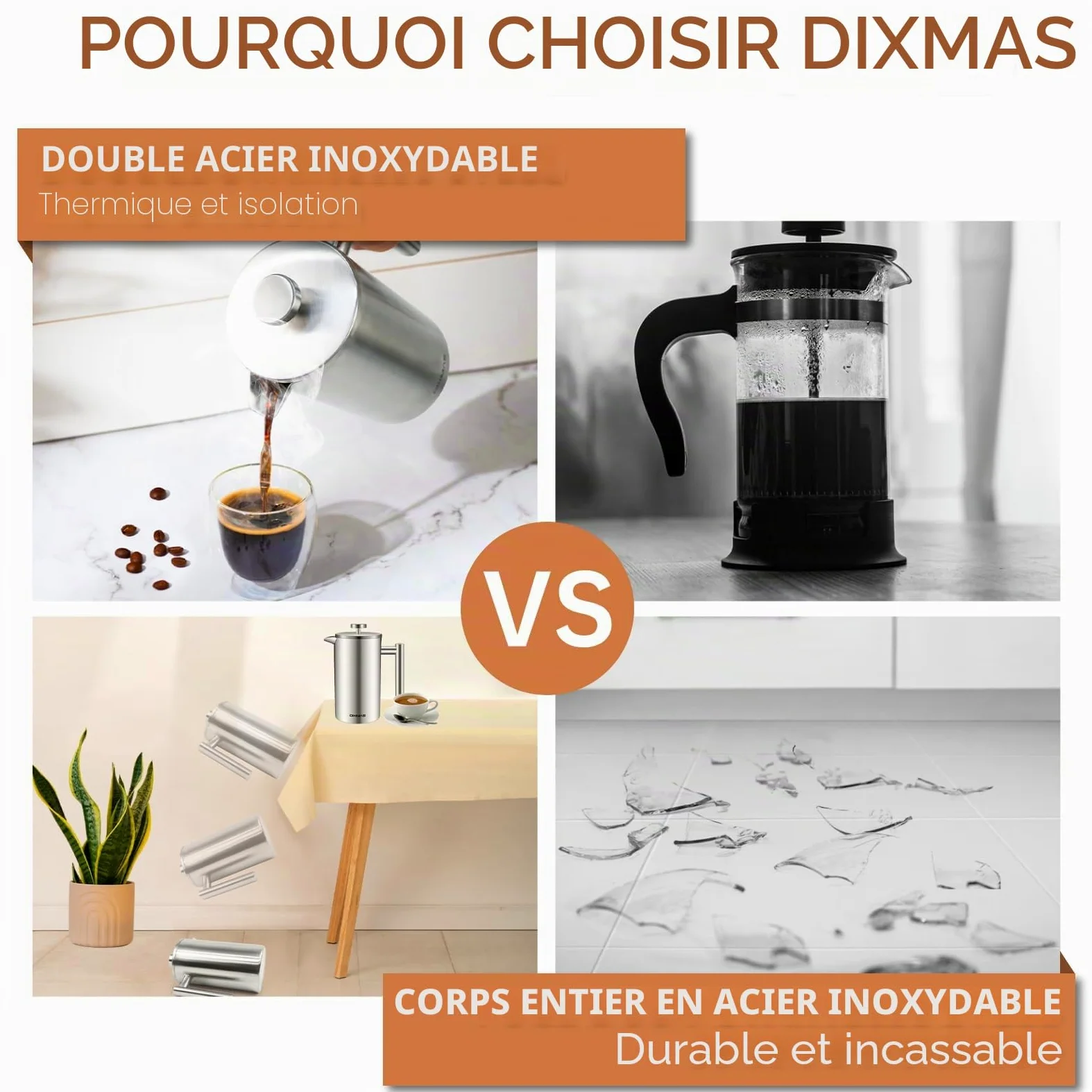 Cafetière à Piston 1L Inox Isotherme French Press 8 Tasses | 5 filtres de rechange en acier, 1000ml
