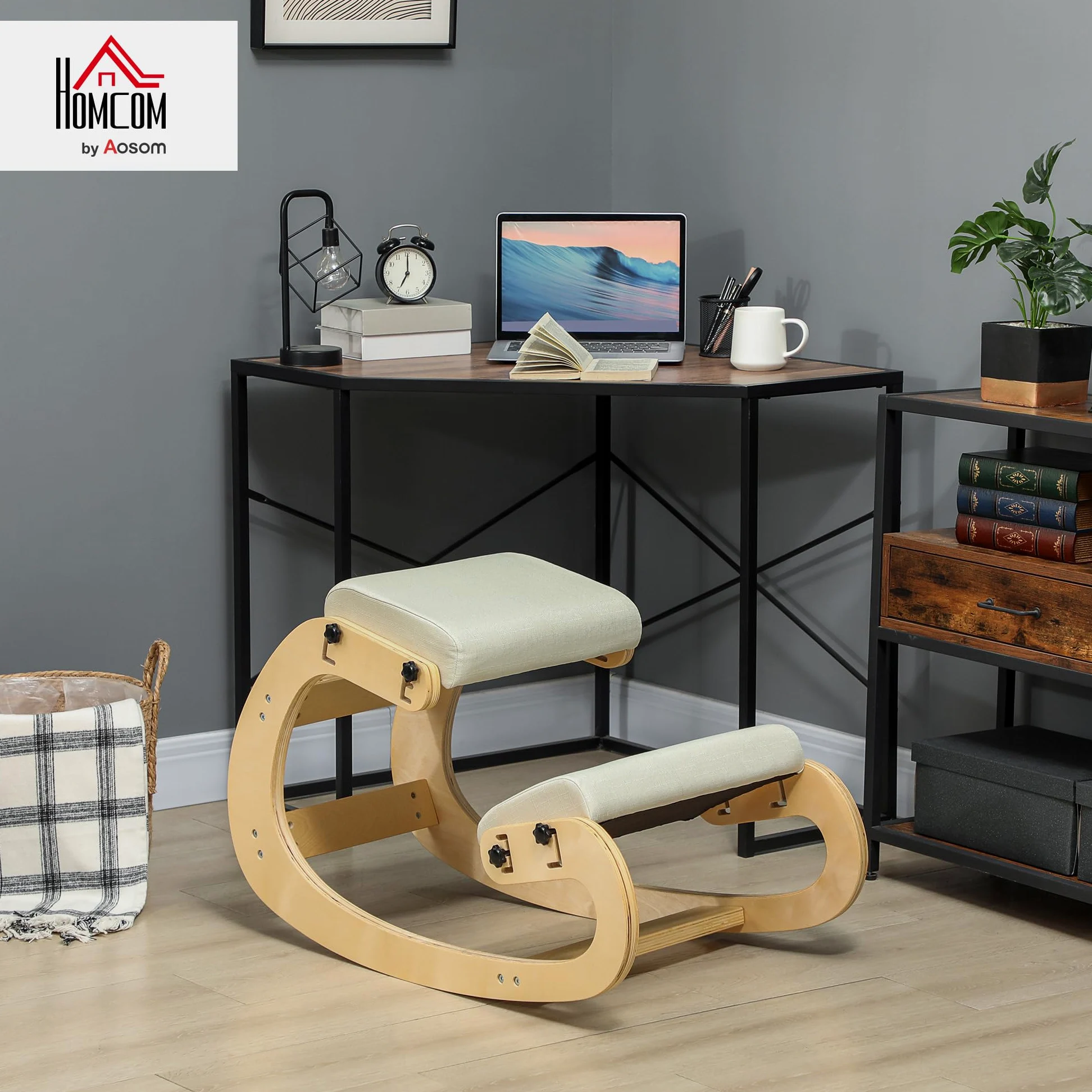 HOMCOM Siège Assis Genoux, siège Ergonomique en Bois à Bascule, Chaise à Genoux réglable pour Bureau à Domicile, améliorer la Posture, maux de Dos, crème