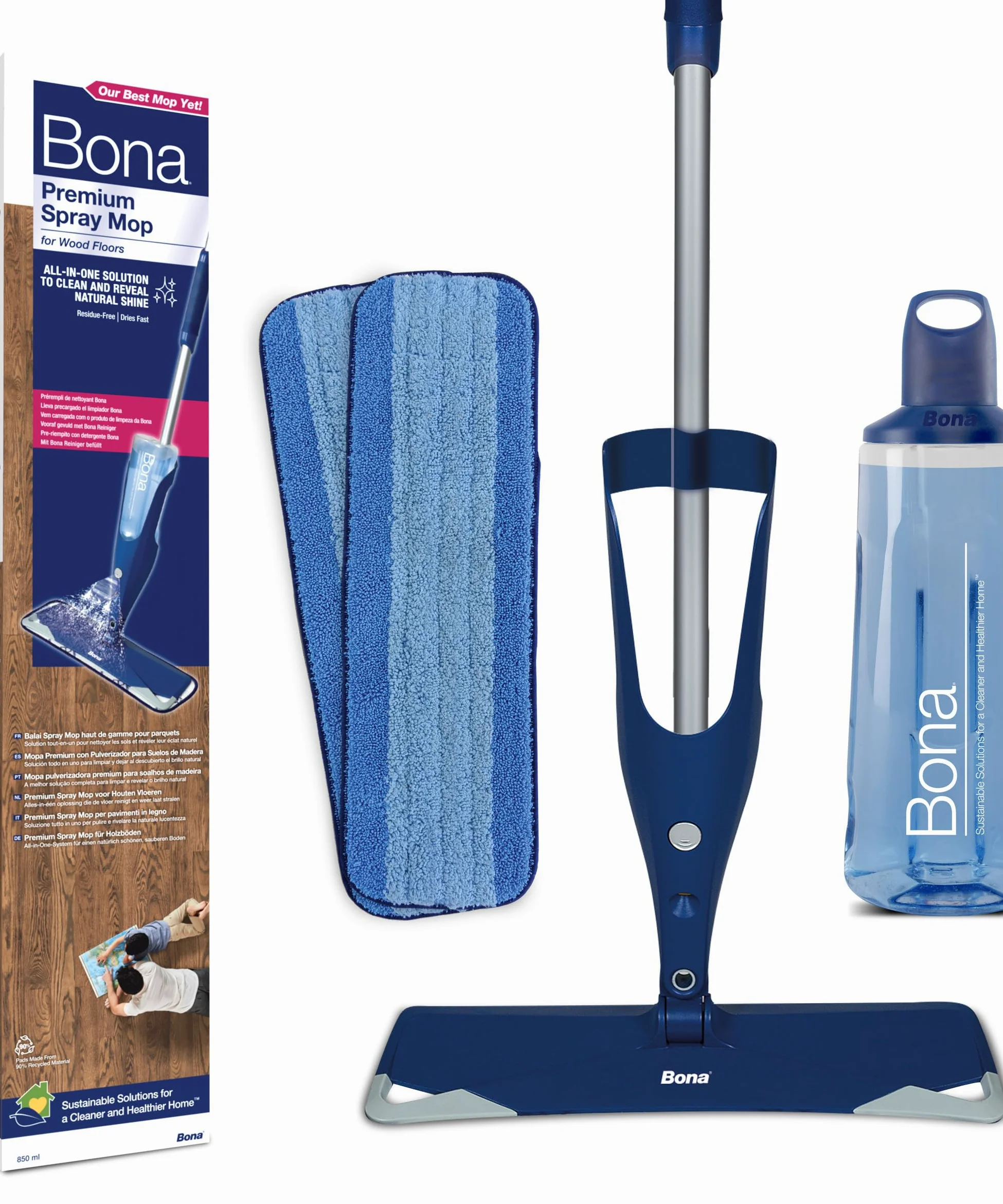 Balai Spray avec Reservoir - Bona + 850 ML Nettoyant Parquets + 2 Pads en Microfibre - Balai Serpillère Vaporisateur - Kit Nettoyage Sol - Balai Serpillere Professionnel, Bleu