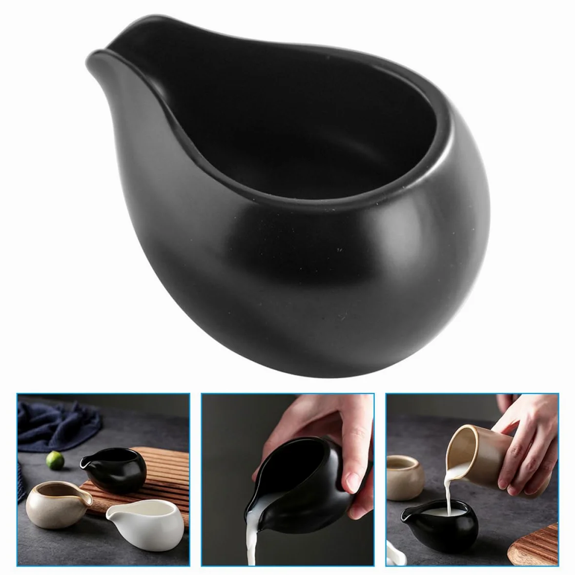 Pichet à Lait en Céramique Noir 3 Pièces, Style Vintage Nordique | Bec Verseur Guidé, Format Mini, Fond Résistant à L’usure, pour Hôtels et Repas Familiaux en Intérieur