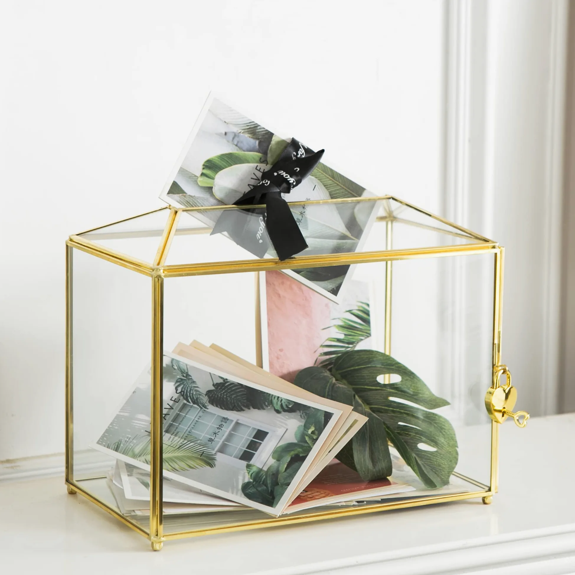 Grande boîte à cartes de mariage en verre transparent avec fente - 25,9 cm - En laiton doré - Avec serrure - Pour réceptions de mariage, fête prénatale, fête d'anniversaire