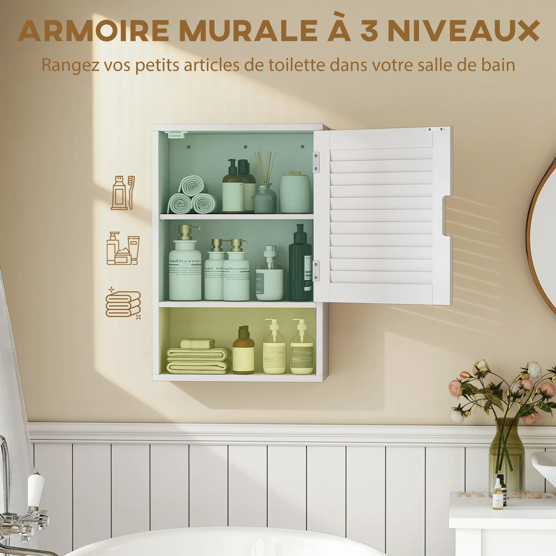 HOMCOM Armoire Murale de Salle de Bain, Meuble de Rangement Suspendu pour Salle de Bains avec Porte à Lattes, étagère réglable et Compartiment Ouvert, Meuble WC Suspendu, 40x20x60cm, Blanc