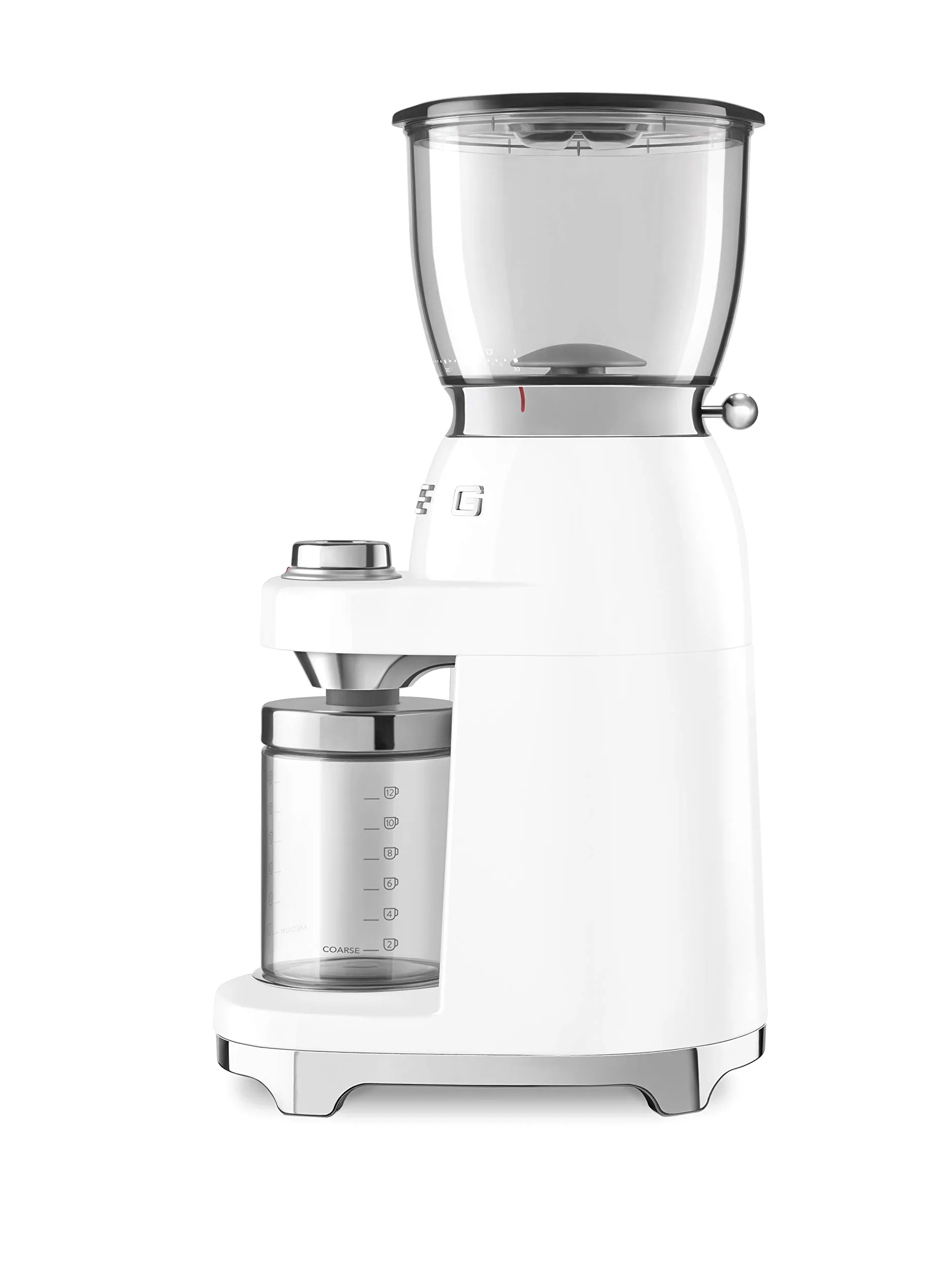 Smeg Moulin à café CGF01WHUK en aluminium, style rétro années 50, 8 réglages de programme et 3 niveaux de broyage, blanc