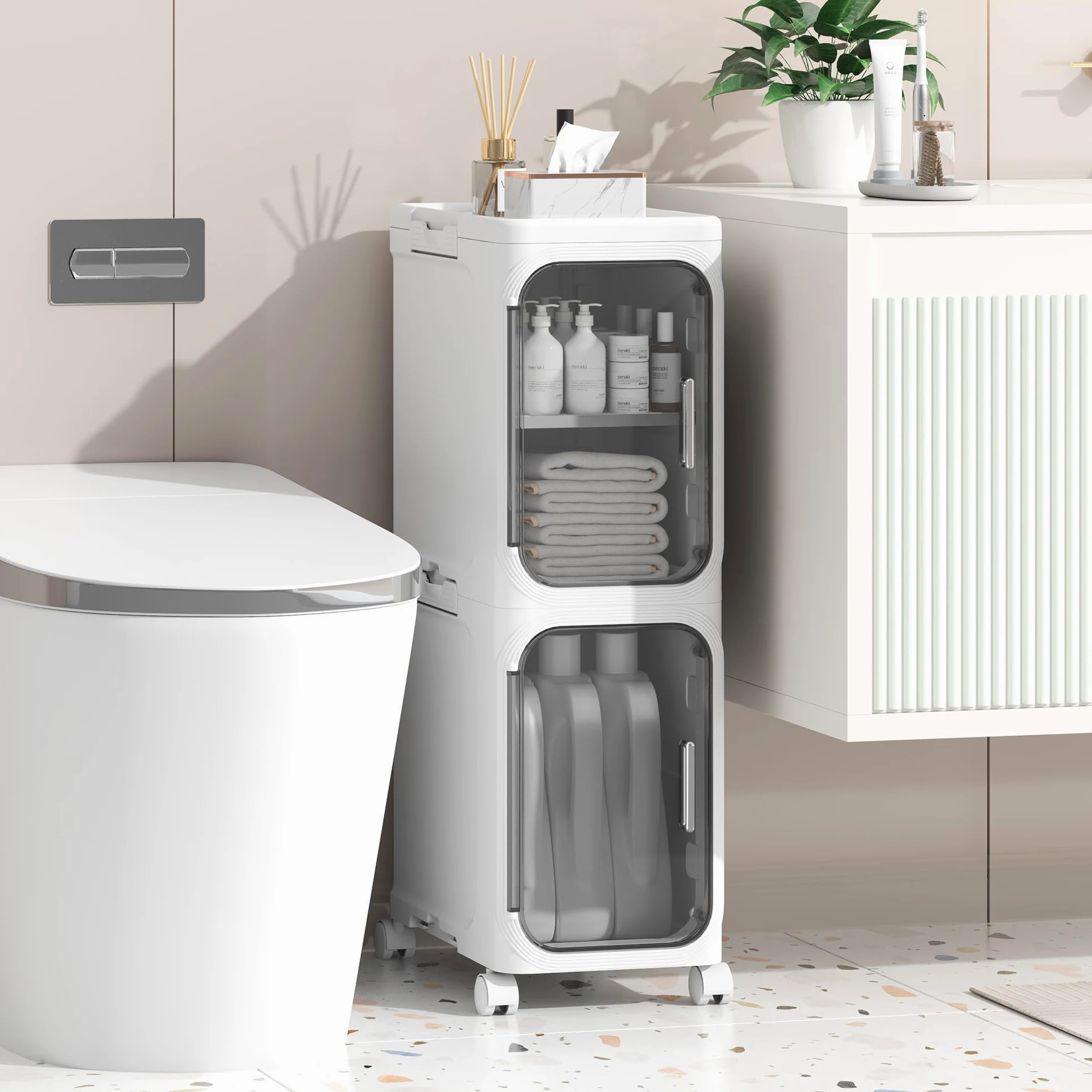 Armoire de Salle de Bain Mince, unité de Rangement Autonome en Plastique avec Porte, Petit Chariot étanche avec roulettes pour Bureau, Salon, Cuisine, entrée (21CM*34CM*67CM, Blanc)