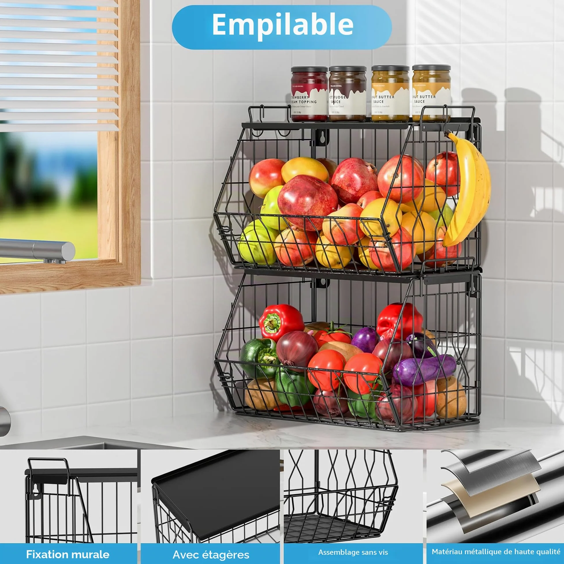 Ezprotekt Lot de 2 corbeilles à fruits empilables avec couvercles en métal, corbeilles à fruits, paniers à fruits empilables à fixation murale, paniers de rangement pour pommes de terre, oignons pour