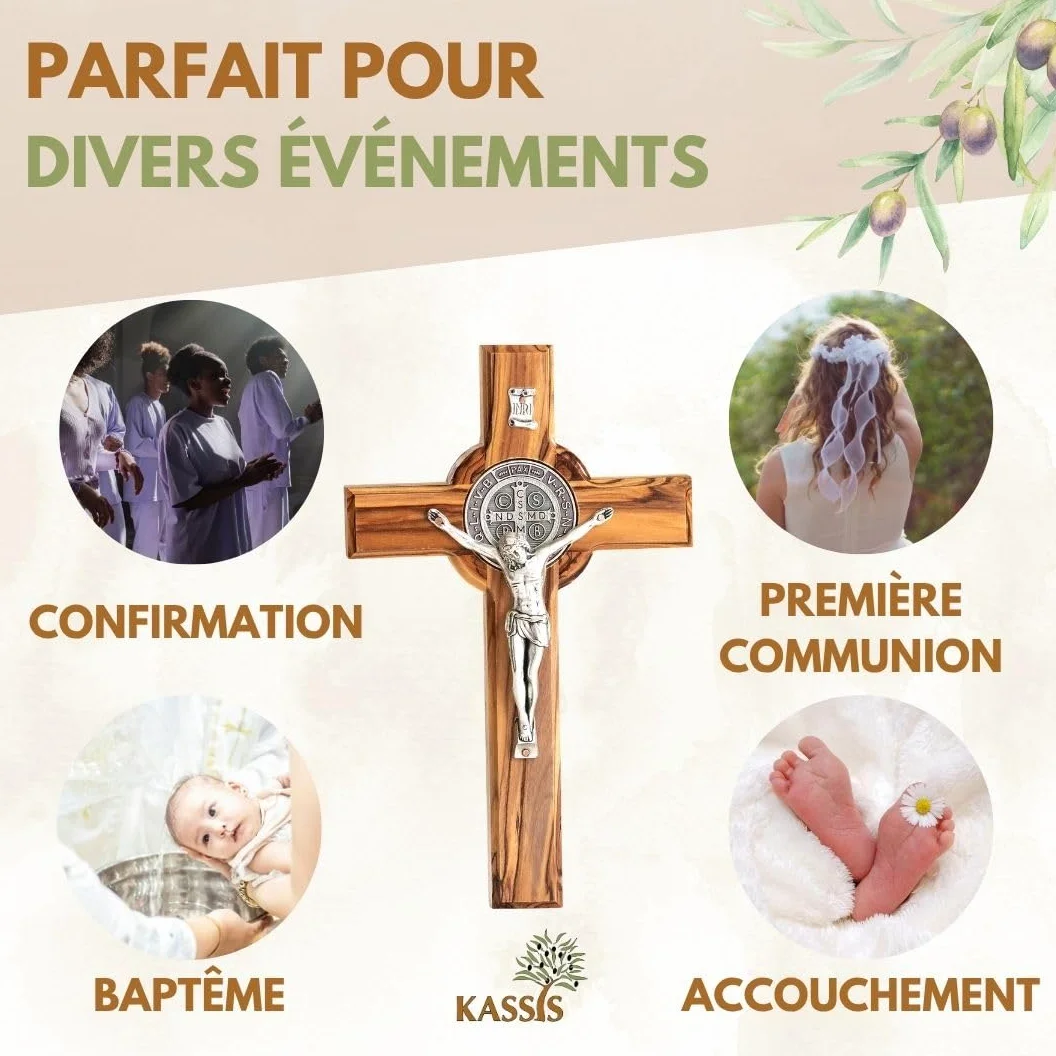 Kassis Geschenkartikel Croix de Saint Benoît en bois d'olivier – Croix murale chrétienne faite main à Bethléem pour baptême et communion – 20 x 12,5 cm (sans gravure), Saint Benoît