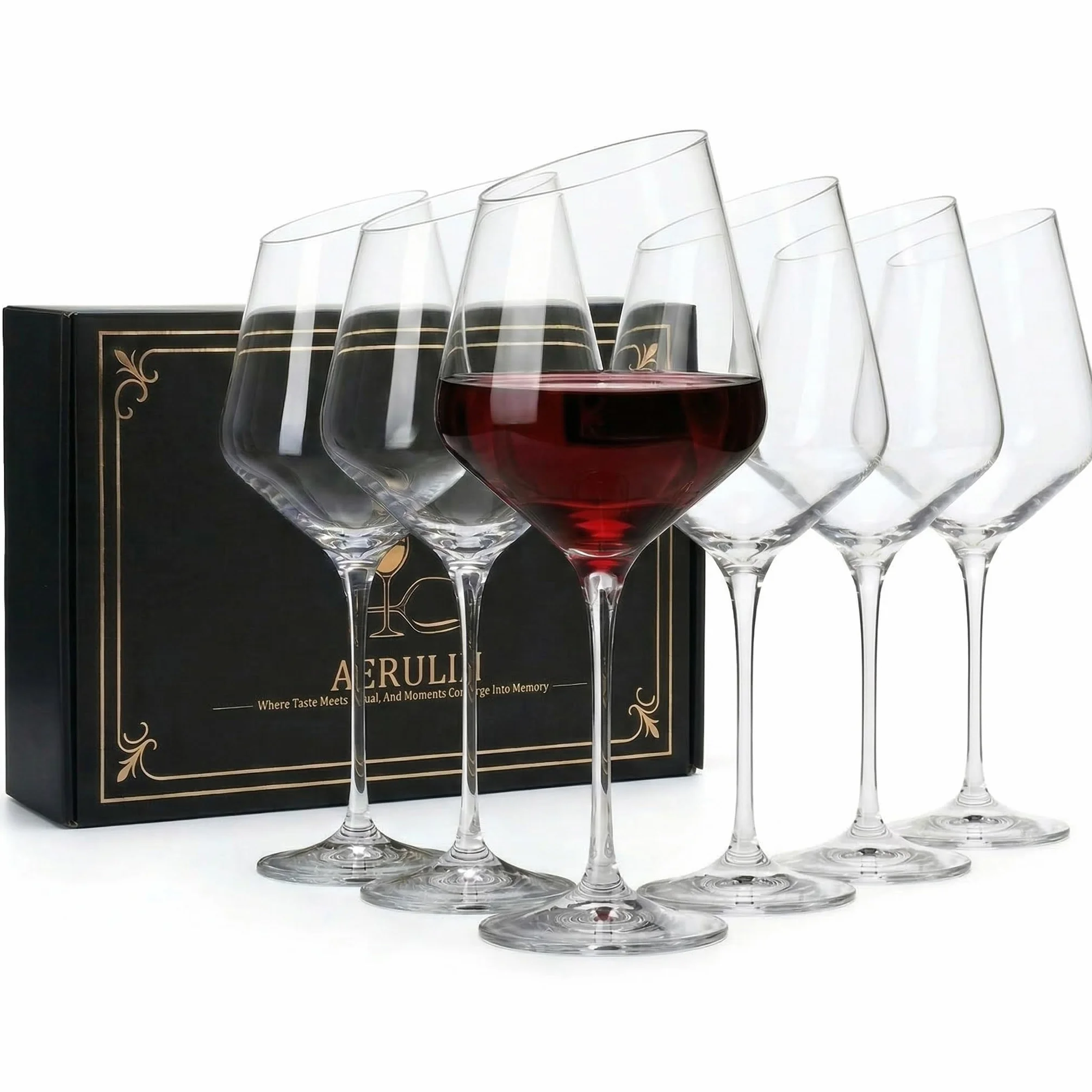 Lot de 6 grands verres à vin rouge à bord incliné soufflés à la main à longue tige, sans plomb, verres à vin transparents pour femmes et amateurs de vin