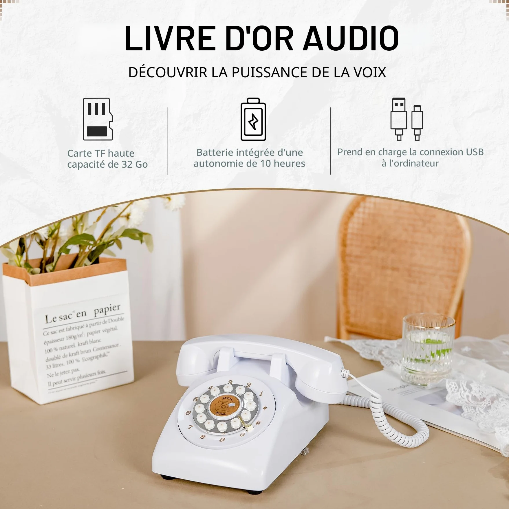 Livre d'or audio de mariage, mémoire de 32 Go, messages audio personnalisés, volume réglable, avec fonction de lecture des messages, convient à tous les types de fêtes(Blanc pur)