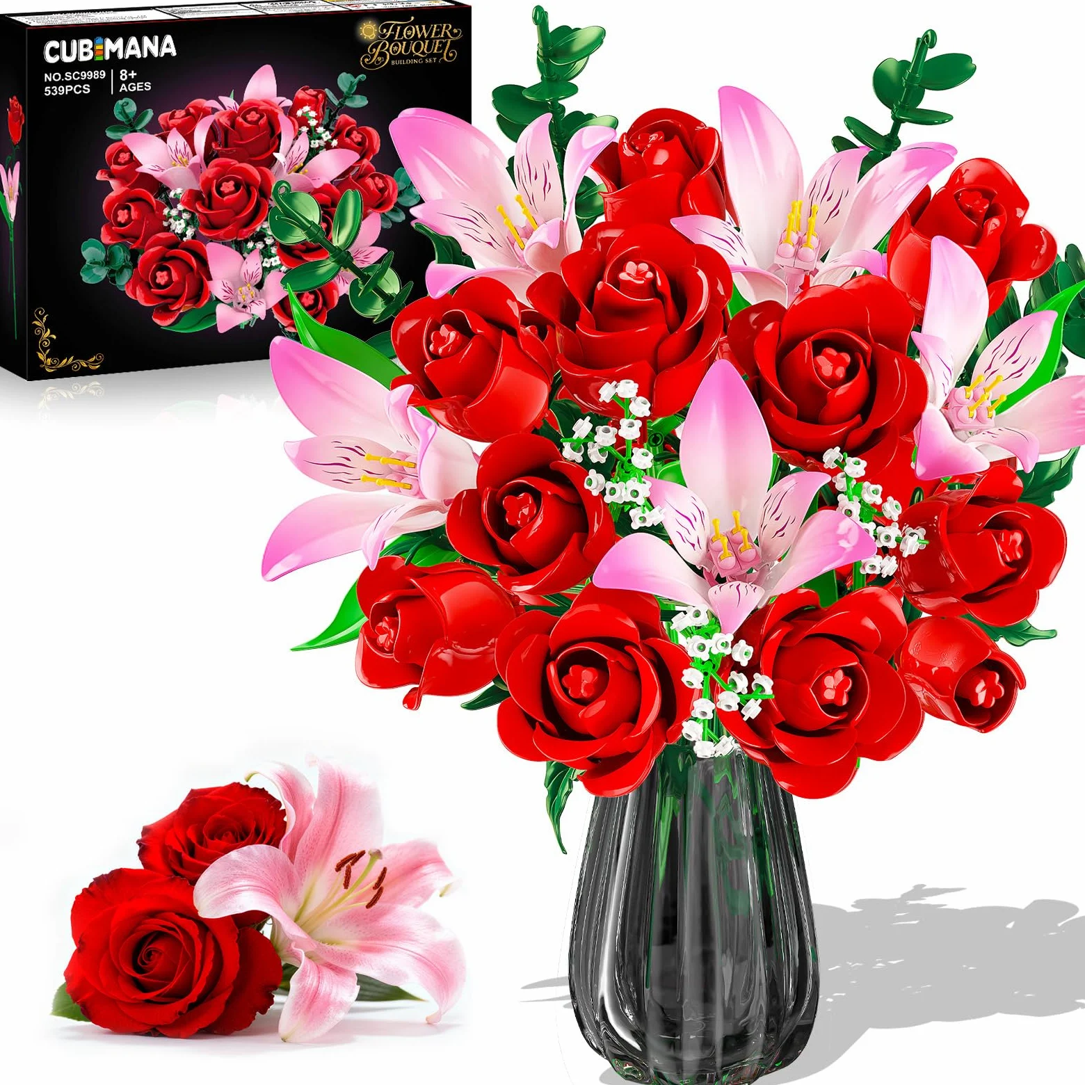 CUBIMANA Kit de Bouquet Fleurs avec LED - Roses Rouges et alstroemères Roses, Collection botanique 22 Fleurs artificielles, décoration Plante intérieure, Cadeau pour Femmes/Adultes