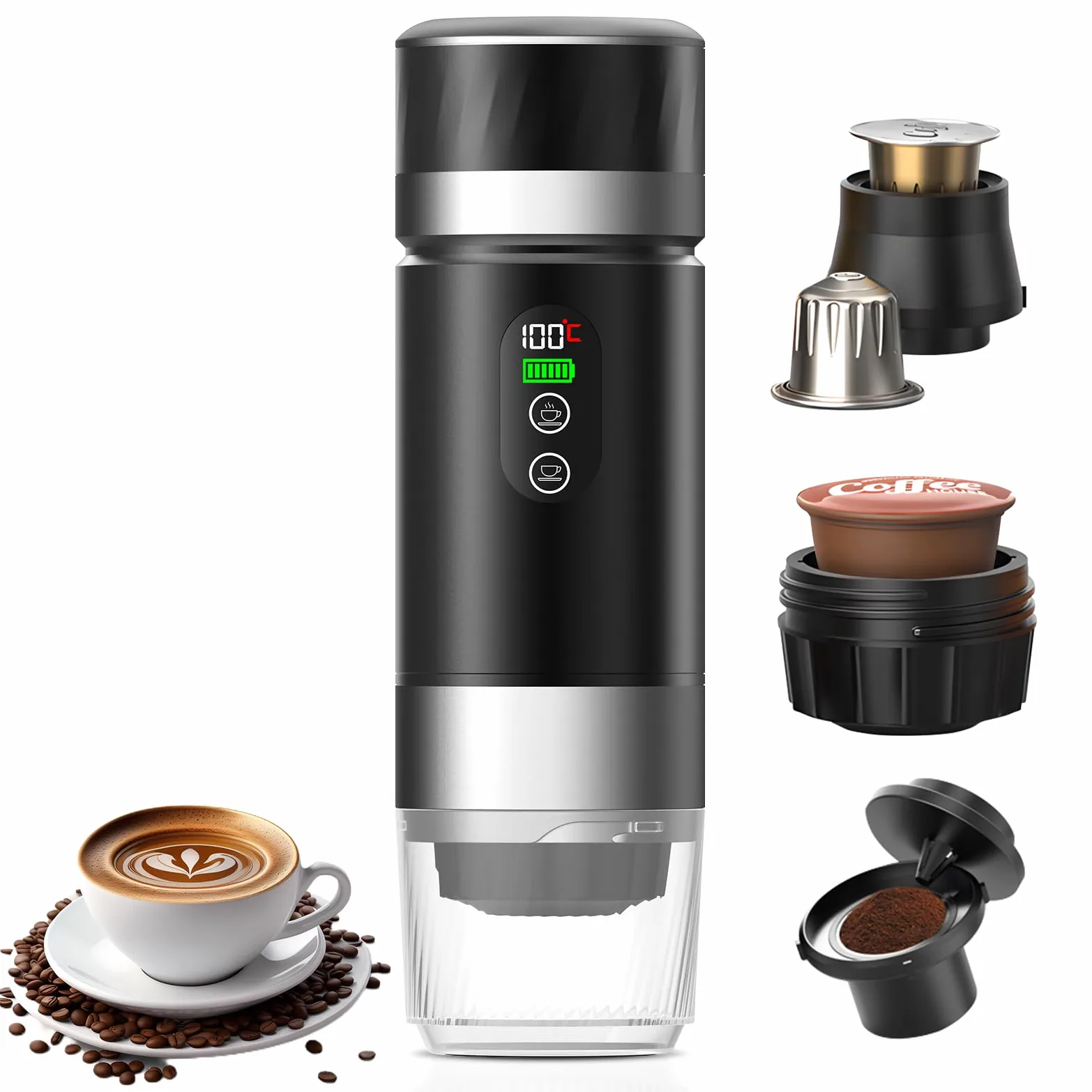Machine à Café Portative pour Voiture,Cafetière de Voyage avec Chauffage Électrique USB-C,Compatible avec Capsules NS et Café Moulu,80ml Mini Cafetière pour Camping,Bureau et Randonnée
