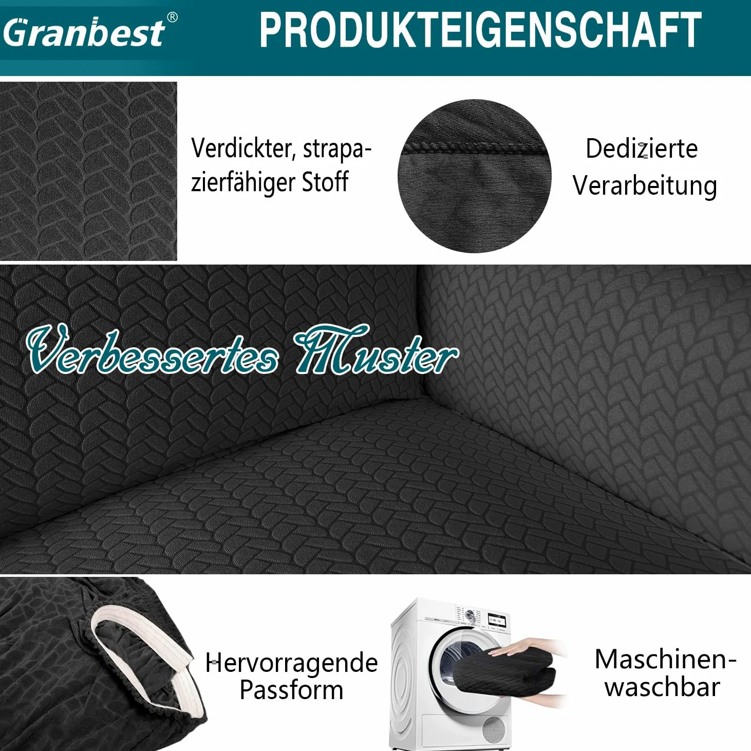 Granbest Housse de futon épaisse à haute élasticité - Sans bras - Nouveau motif - Pour canapé-lit plissé - Antidérapante - Sans accoudoirs - Futon - Noir