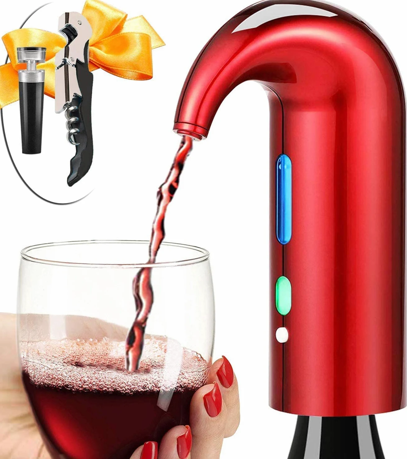Aérateur de vin électrique avec bec verseur - Distributeur de vin - Distributeur de vin multi-intelligent - Filtre automatique - Bec verseur d'aération de qualité supérieure (rouge chanceux)