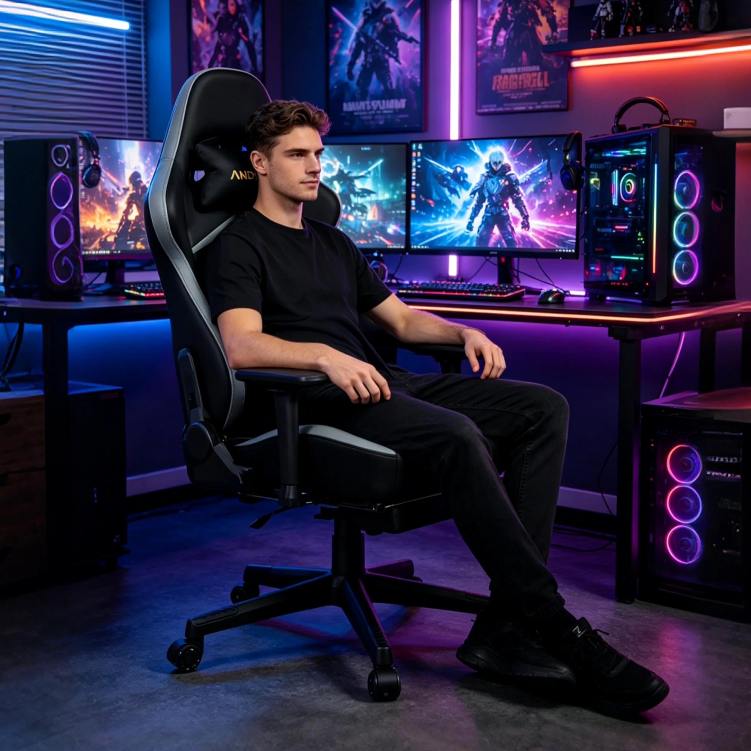 Andyou Chaise Gaming Chaise Bureau Chaise Ergonomique avec Repose Pied, Gaming Chair en Tissu Suédé, Dossier 90°-155°, Accoudoirs 3D Réglables, Fonction Bascule, Noir