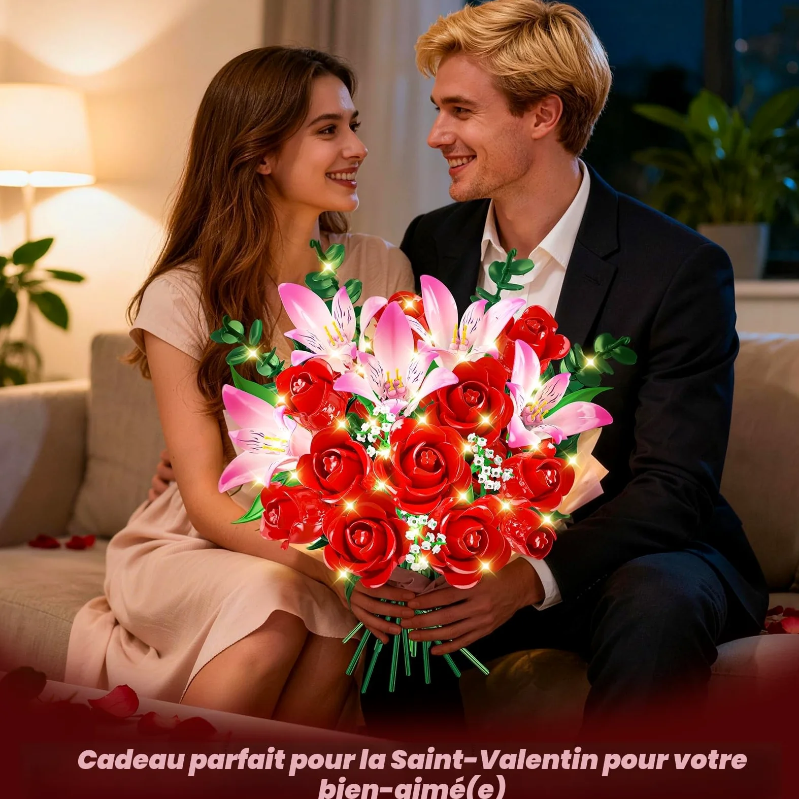 CUBIMANA Kit de Bouquet Fleurs avec LED - Roses Rouges et alstroemères Roses, Collection botanique 22 Fleurs artificielles, décoration Plante intérieure, Cadeau pour Femmes/Adultes