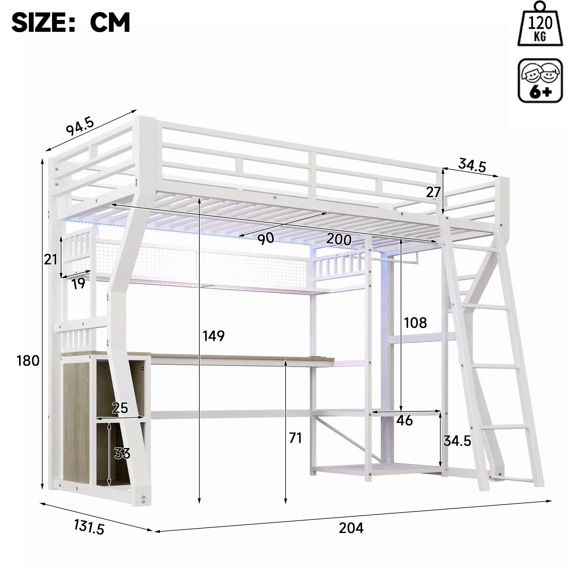 Lit Mezzanine Enfant 90x200cm avec Bande LED et Prise Électrique,Lit Superposé 1 Places en Métal avec Penderie,Bureau, Rangements,Étagères,Cadre de Lit Simple per Ado,sans Matelas,Blanc