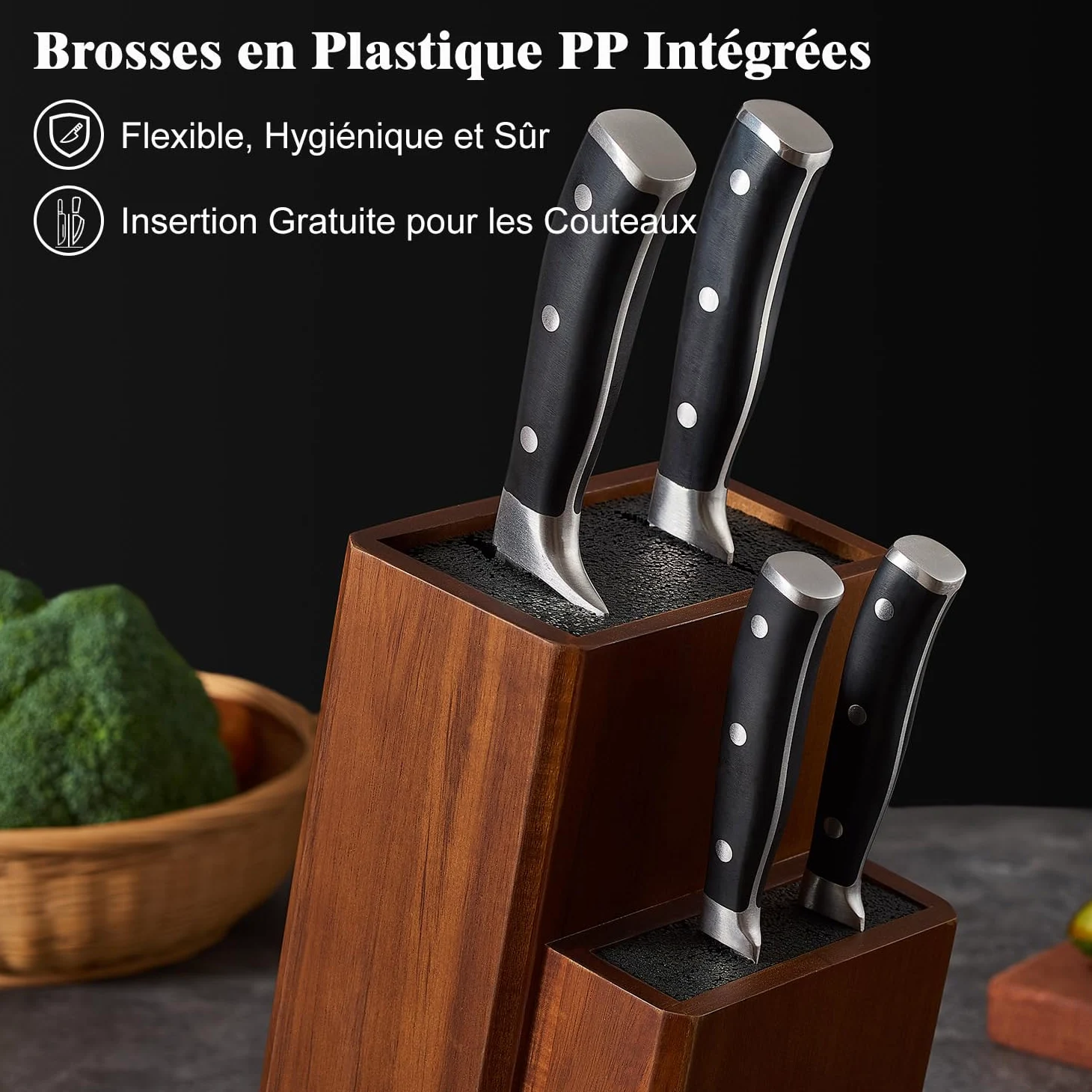 ENOKING Bloc Couteaux Cuisine, Porte Couteaux de Cuisine en Bois d'acacia, Range Couteaux de Cuisine avec poils en plastique Amovibles, Universel Support Couteau de Cuisine