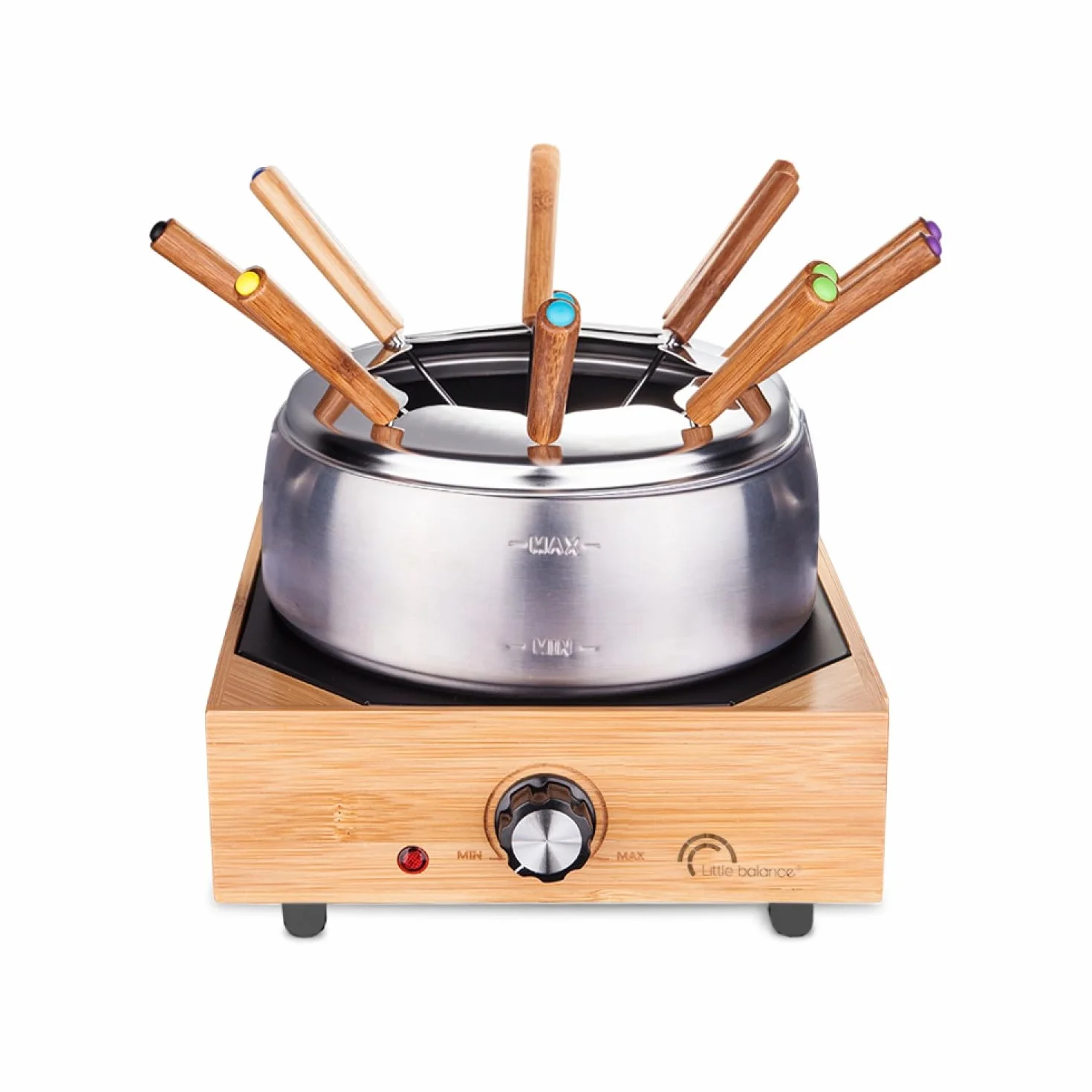 LITTLE BALANCE 8320 Wood Fondue 8 Inox - Appareil à fondue 8 personnes - Caquelon Inox anti-adhésif grande contenance 2 litres - Puissance 800 W - Finition Bambou véritable